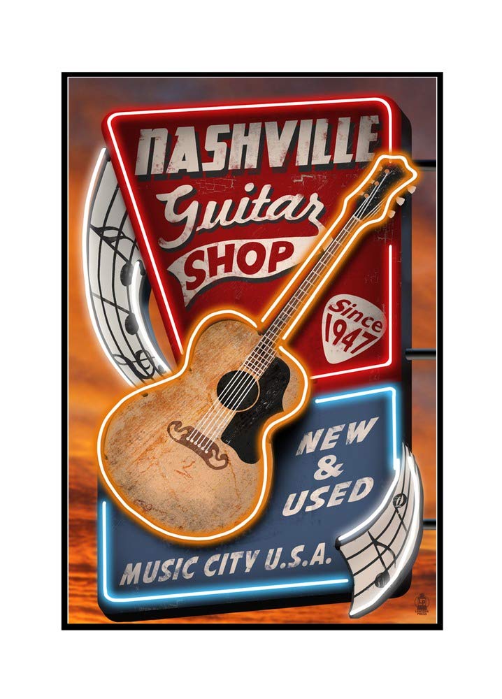 Nashville Tennessee Acoustic Guitar Music Shop Wall Art - 24x36 Framed Gallery Wrapped Canvas Print - Perfect for Music Studios, Living Rooms & Guitar Shops