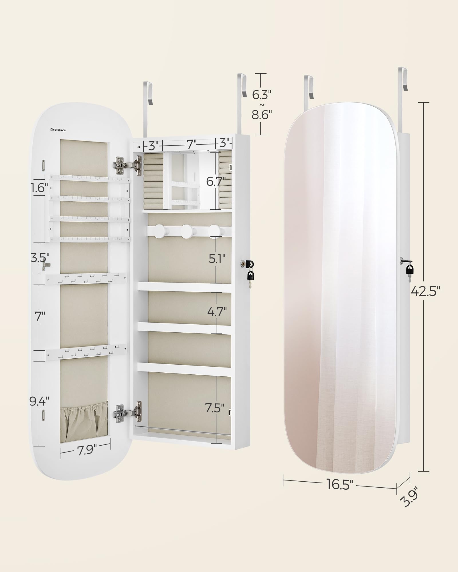 SONGMICS LED Jewelry Organizer Cabinet with Lockable Mirror - Wall or Door Mounted Jewelry Storage, 3.9 x 16.5 x 42.5 Inches, White with Greige Lining - Perfect for Bedroom, Closet, or Dressing Room Organization