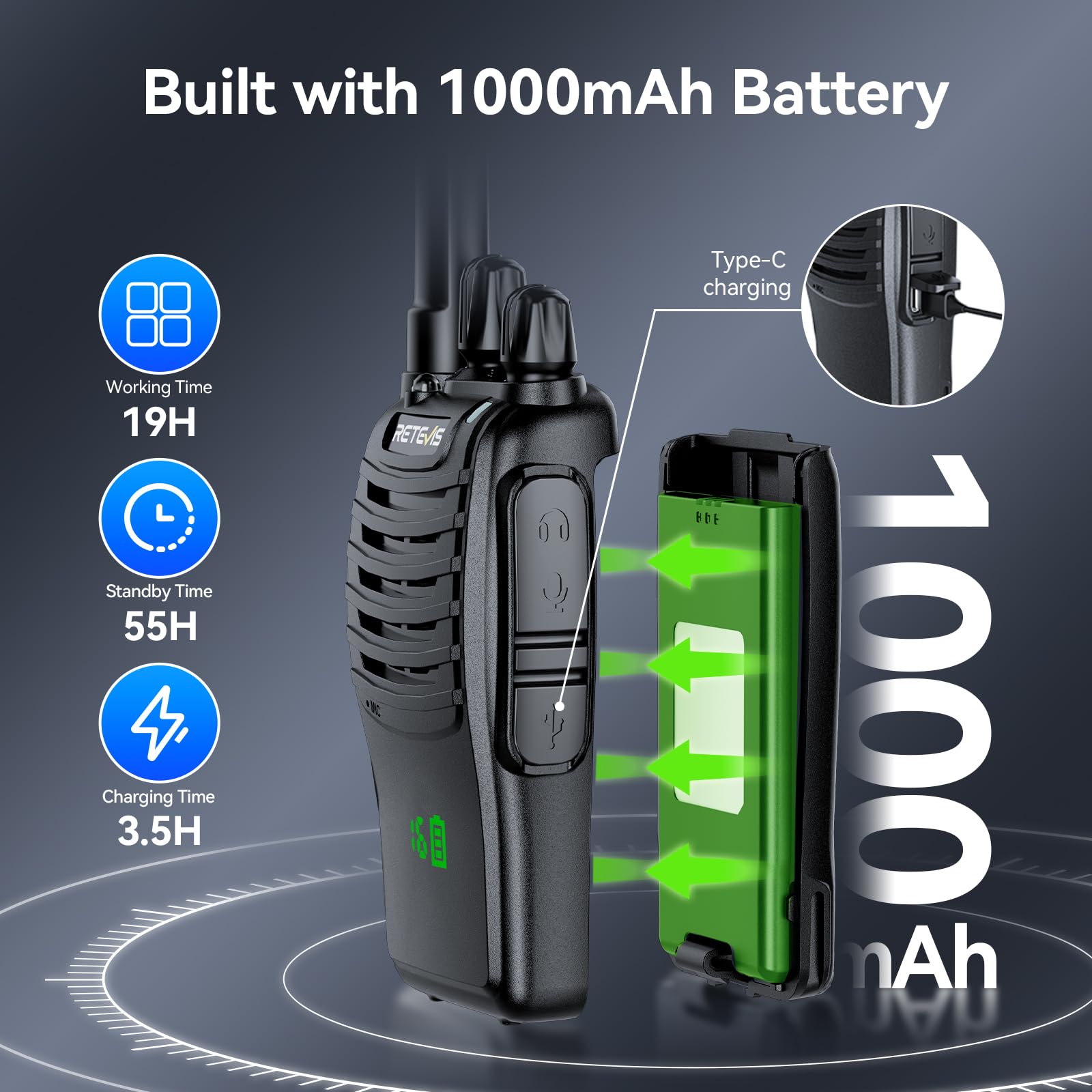 Retevis H777H Rechargeable Two-Way Radio Walkie Talkie with LCD Screen - 16 Channels, USB-C Charging, VOX, Flashlight, 1-9 Squelch Levels - Durable Walkie-Talkies for Schools, Construction, Hiking & Outdoor Activities (10-Pack, Black)