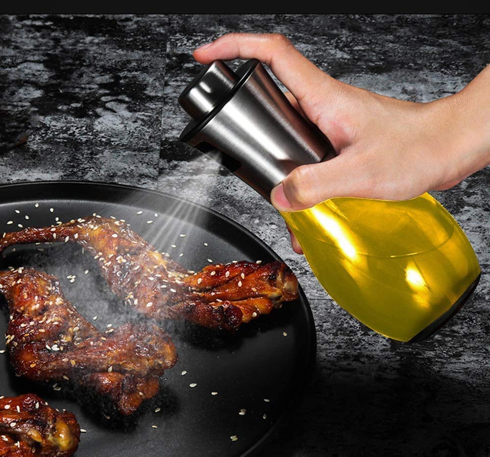 HKUTOTECH Stainless Steel Oil Spray Bottle for Cooking - 8oz Glass Oil Dispenser for Baking, Grilling, Roasting, Frying & Salad Dressing | Perfect for Kitchen, BBQ, Camping & Healthy Cooking