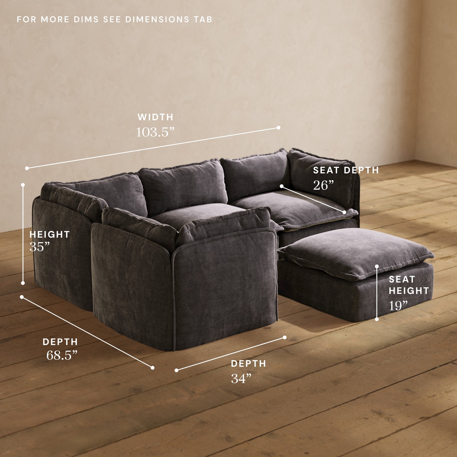 Modular Performance 4-Seater Corner Sectional Sofa with Ottoman in Cinder Gray - Modern L-Shaped Living Room Furniture for Family Gatherings & Movie Nights | Relaxed Blend Fabric