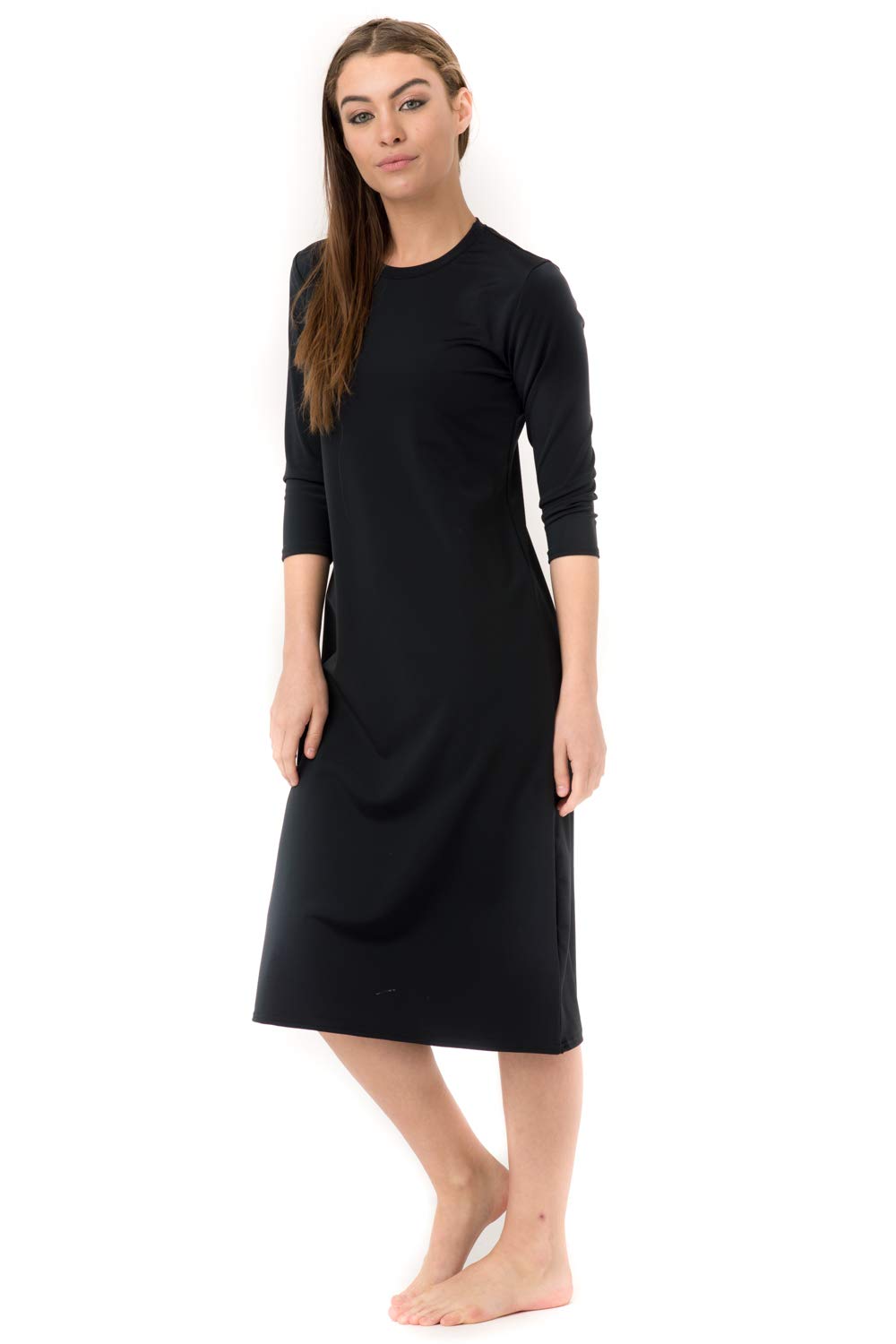 Women's 3/4 Sleeve Black Swim Dress with UPF 50+ Sun Protection - Plus Size Swim Cover Up for Beach, Pool & Vacation Wear