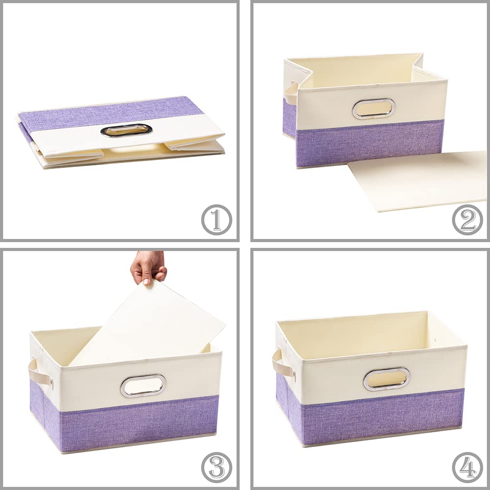 PRANDOM Large Foldable Storage Bins for Closet [3-Pack] - Decorative Fabric Storage Baskets with Leather & Metal Handles - Organizer for Shelves, Bedroom, Living Room - Purple & Cream (14.9x9.8x8.3 Inch) - Perfect for Home Organization & Space Saving