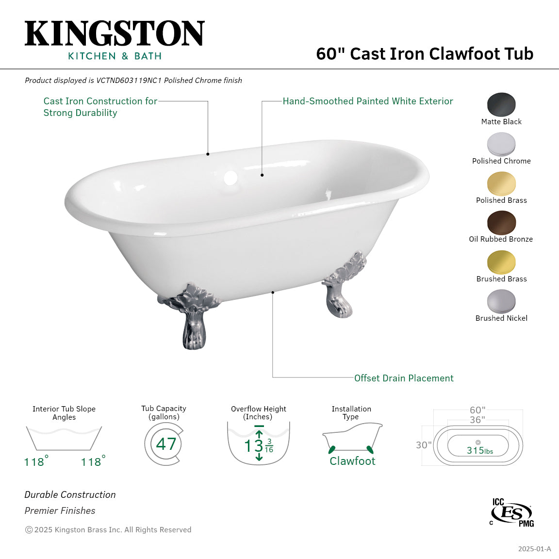 60 Inch White Cast Iron Clawfoot Bathtub - Oval Double Ended Freestanding Soaking Tub with Brushed Nickel Feet | Vintage Bathroom Decor for Spa-Like Relaxation