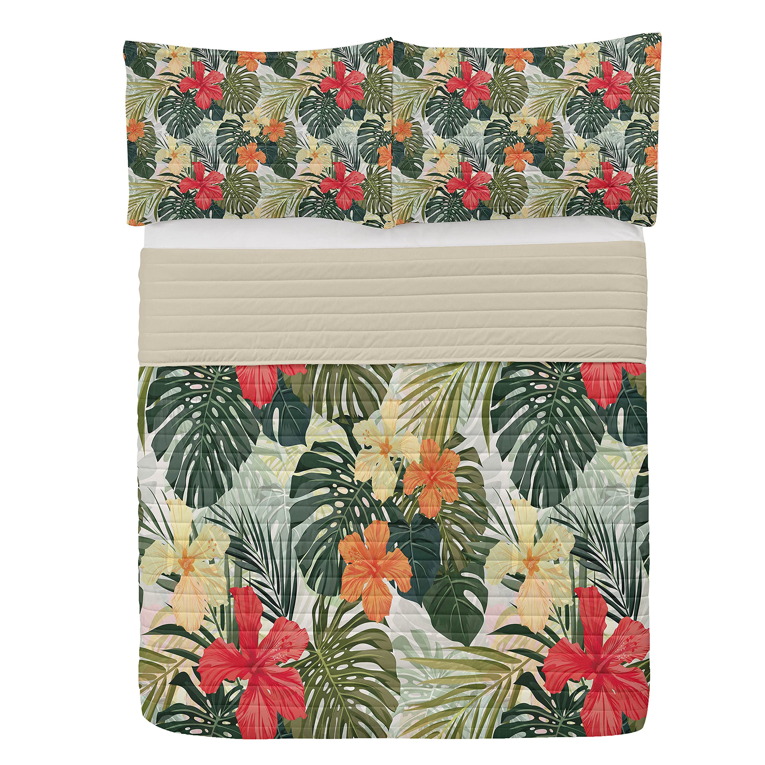 Lunarable Tropical Leaf Microfiber Bedspread Set - Hawaiian Summer Island Design with Hibiscus Flowers | Soft Queen Size Bedding Set Includes Pillow Shams & Comforter in Green, Orange & Yellow | Perfect for Beach House Decor, Tropical Bedroom Theme or Summer Vacation Retreat