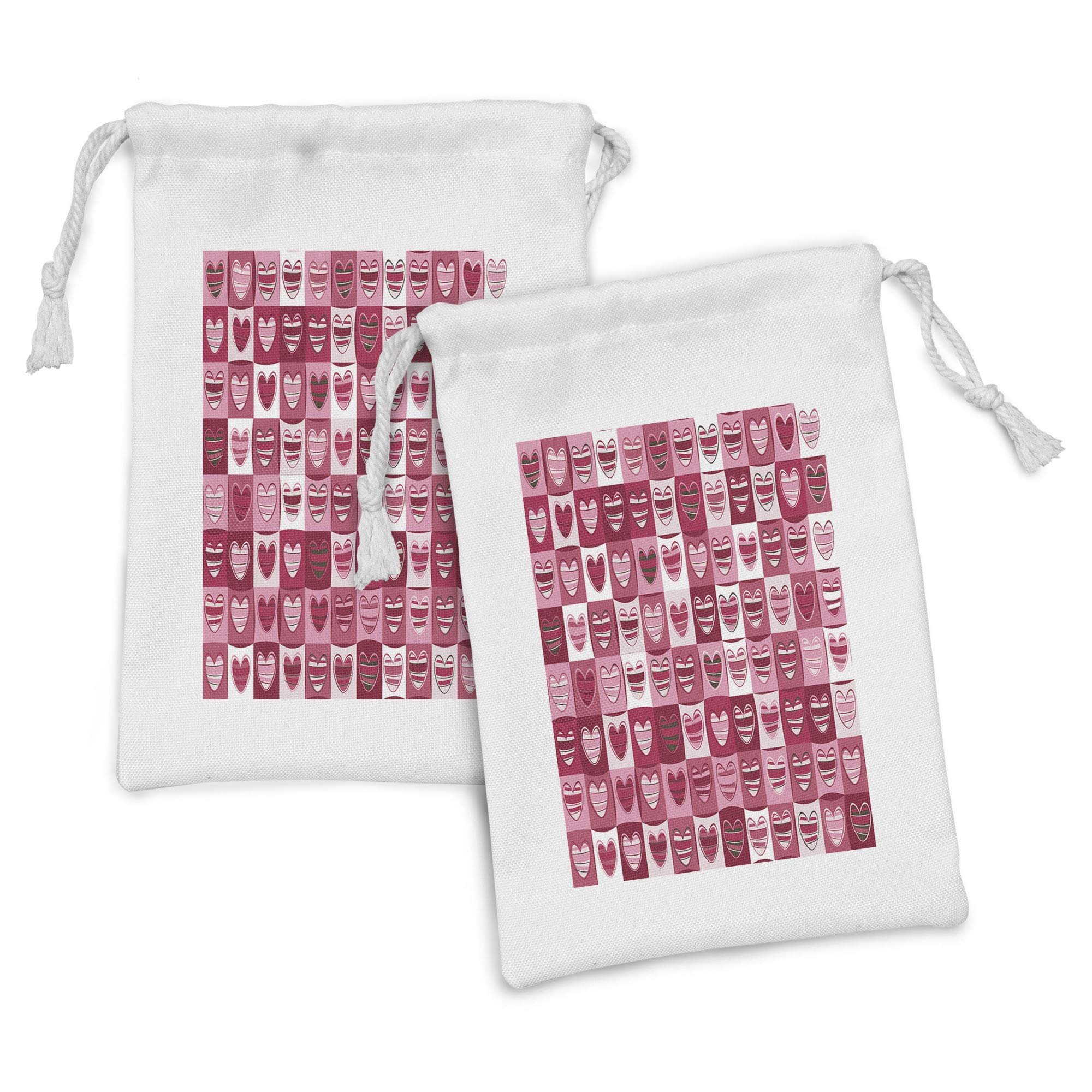 Ambesonne Love Fabric Pouch Set of 2 - Valentine's Day Heart Checkered Geometric Vintage Drawstring Bags (9