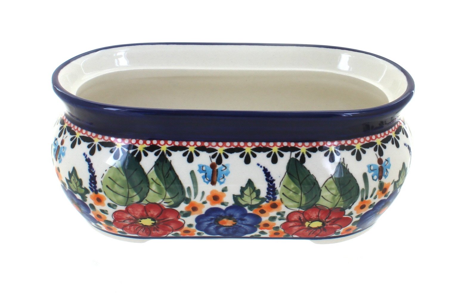 Handmade Blue Rose Polish Pottery Planter with Floral Butterfly Design - Small Ceramic Flower Pot for Indoor Plants, Home Decor & Gift Ideas