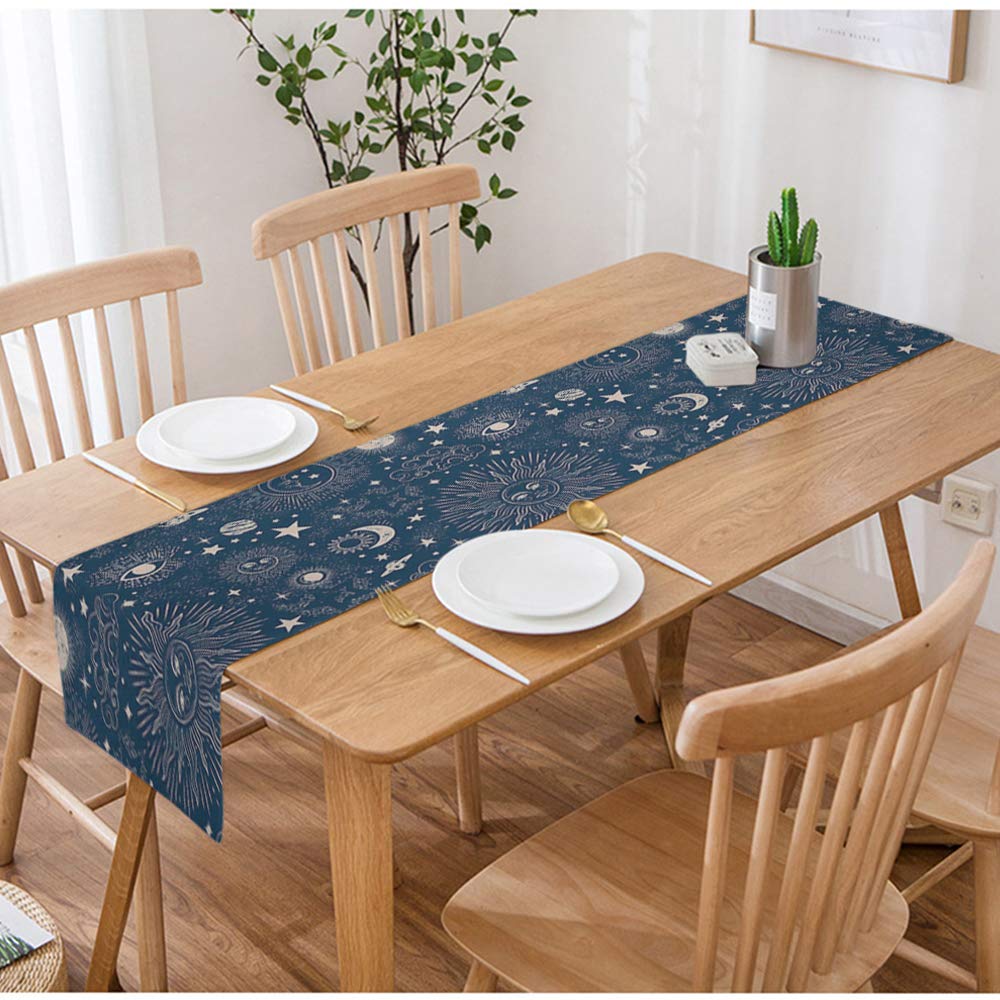 Swono Galaxy Table Runner - Funny Space Galaxy Zodiac Star Pattern Cotton Linen Tablecloth for Kitchen, Coffee Table & Dining Room (14