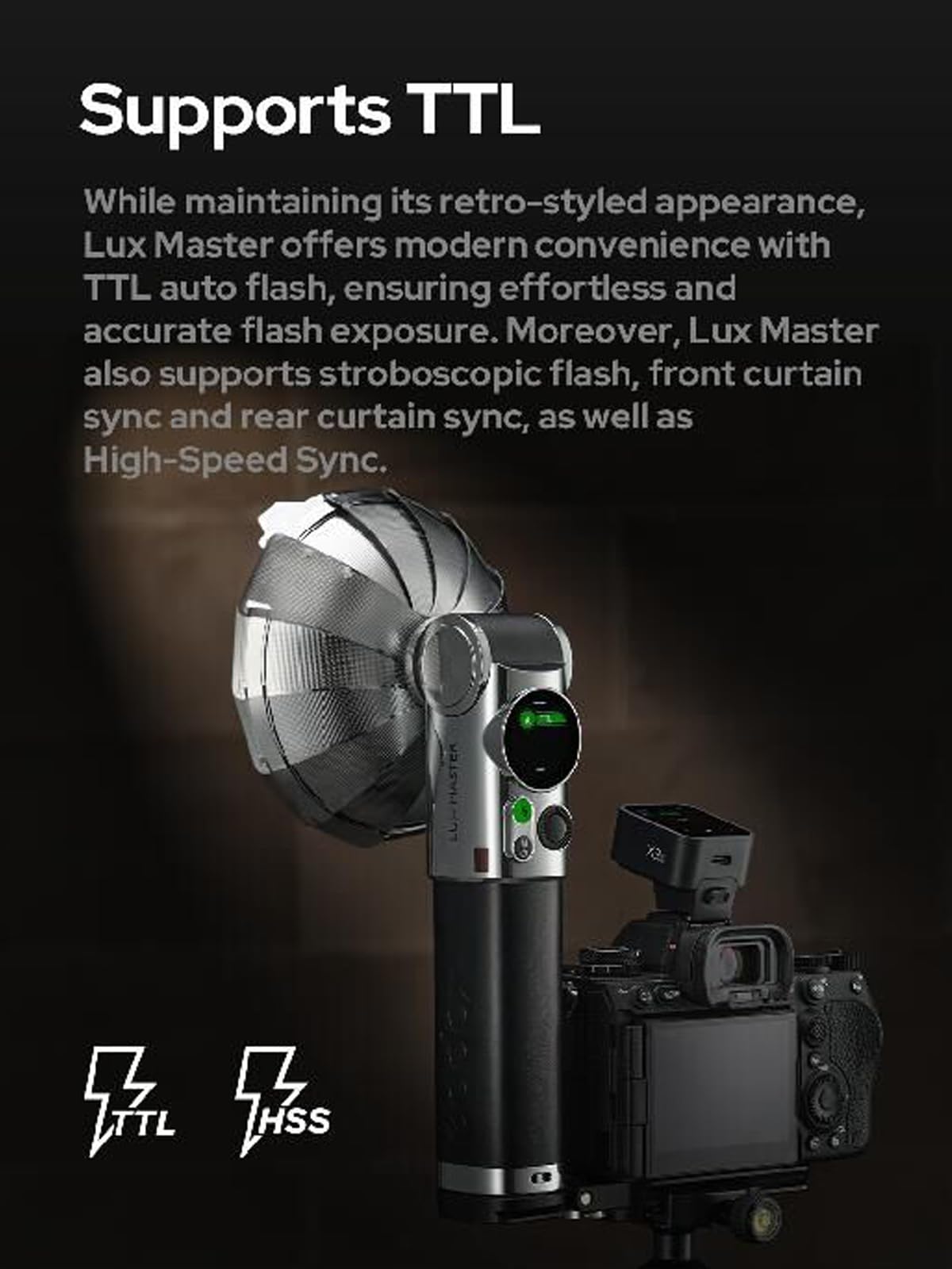 Godox Lux Master Retro TTL HSS Camera Flash with Touch Screen | Wireless Sync & Built-in Battery | 2.4G Wireless X System for Sony Nikon Canon Fuji Leica Sigma Panasonic | Perfect for Portrait, Wedding & Studio Photography