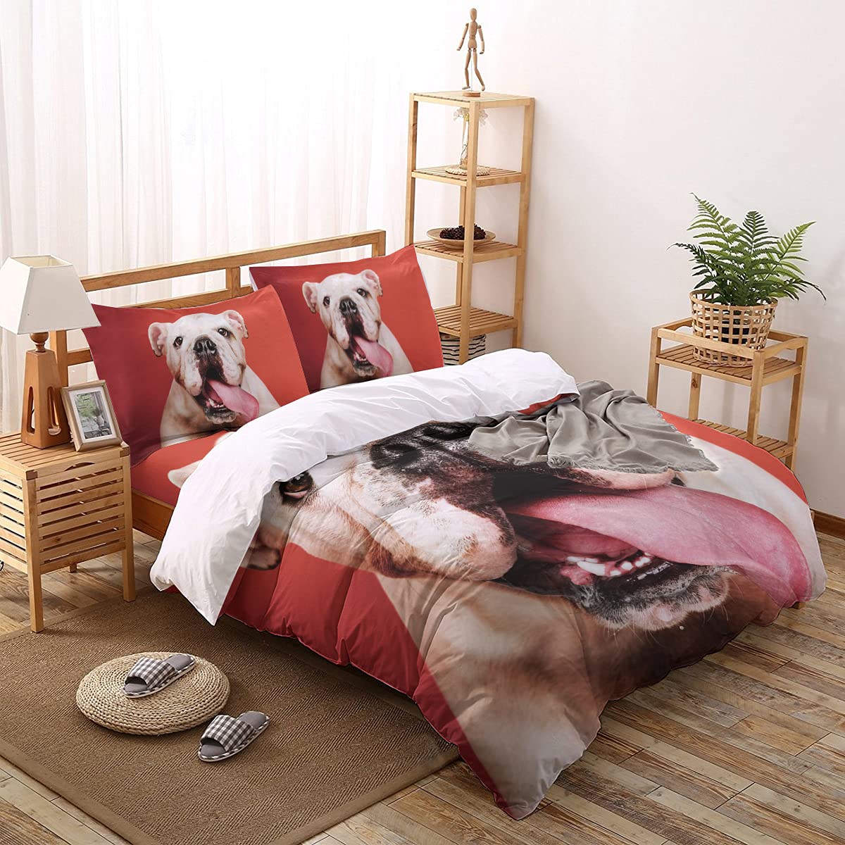 Full Size 4-Piece Duvet Cover Set - Oil Painting Style Cute Dog Design on Red Microfiber Bedding | Soft Comforter Cover with Sheet & Pillowcases for Kids, Teens, Adults | Perfect for Bedrooms, Dorms, Guest Rooms & Gift Giving