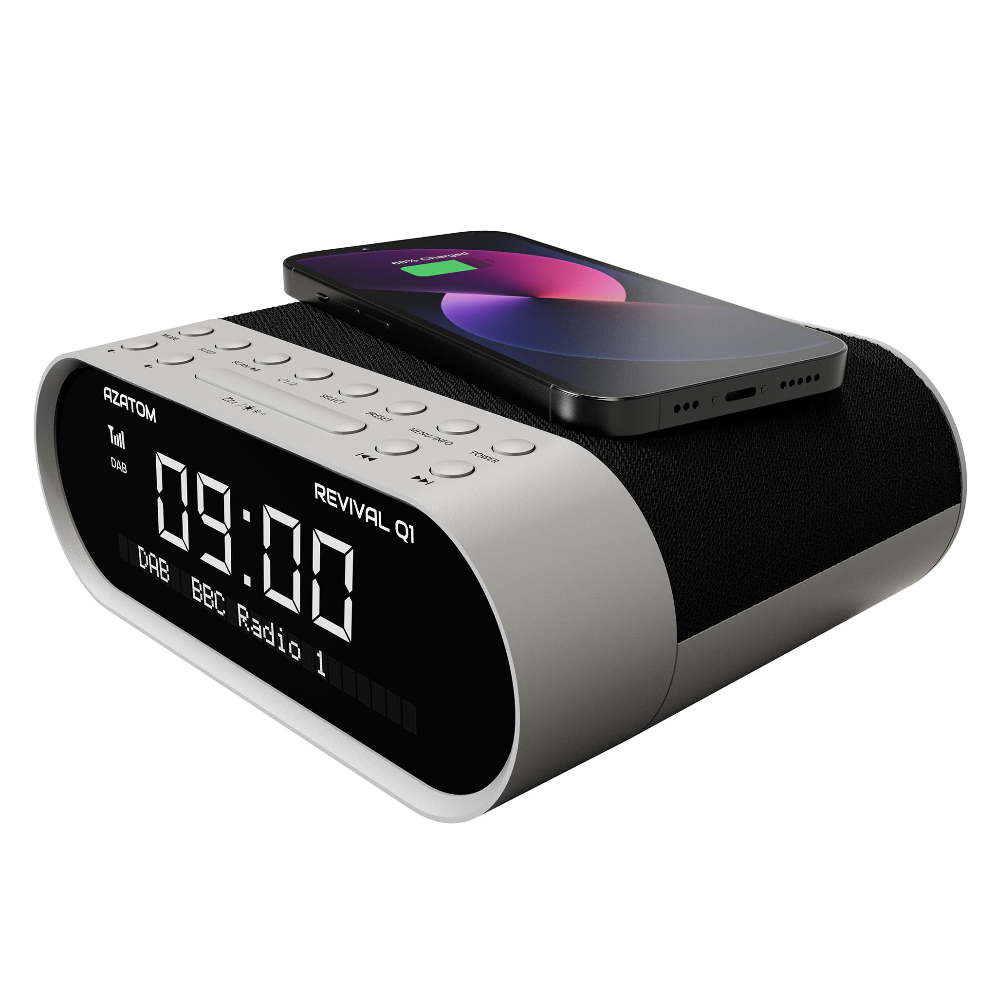 AZATOM Revival Q1 White DAB+ Digital FM Clock Radio with Bluetooth, Dual Alarm, Wireless Charging, Sleep Timer - Bedroom Alarm Clock with USB/AUX Ports for Phones & Headphones | Perfect for Home, Office, Nightstand Use