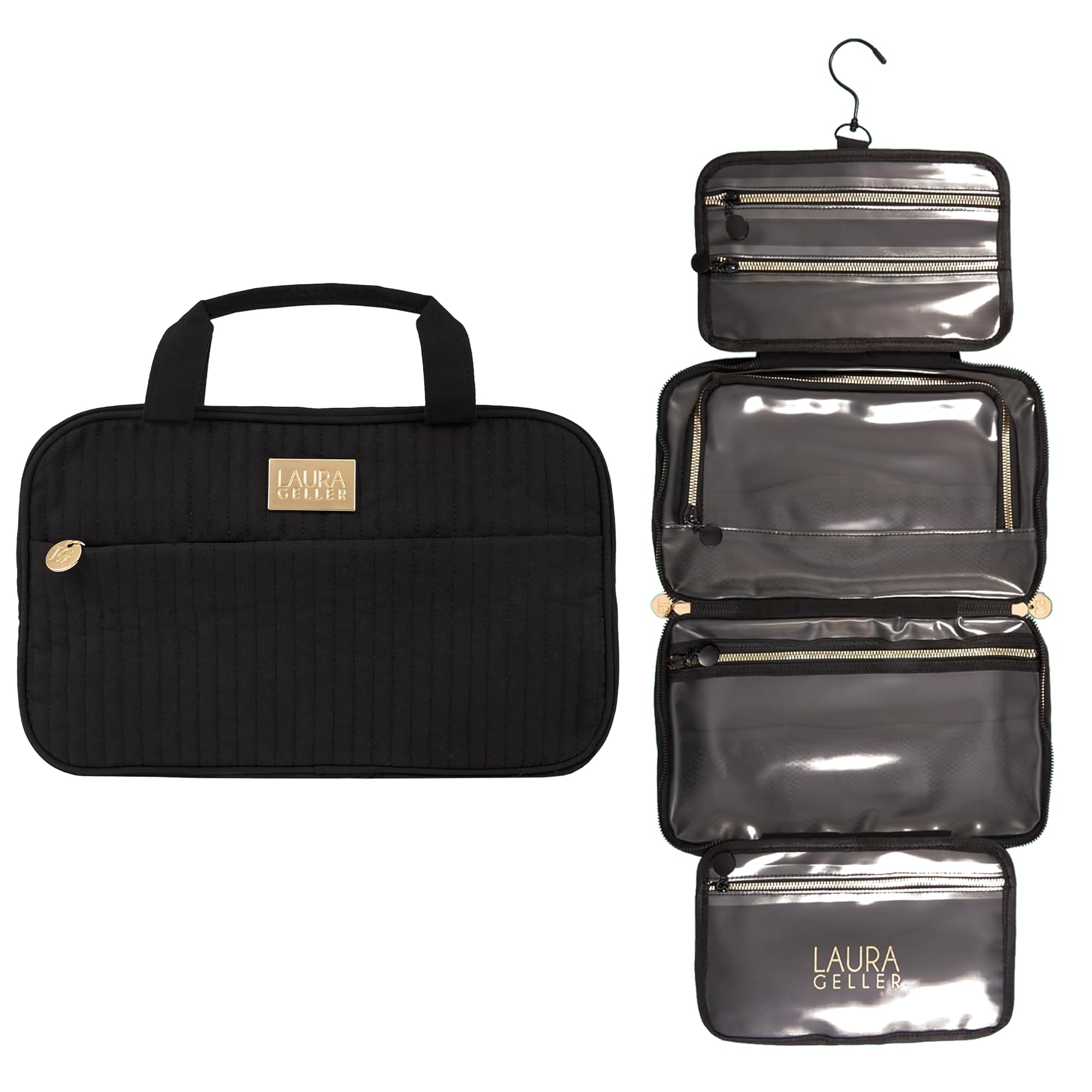 LAURA GELLER NEW YORK Quilted Folding Travel Makeup Bag - Black Hanging Toiletry Organizer with Large Capacity | Waterproof & Easy to Clean Cosmetic Case | Perfect for Travel, Gym & Daily Use