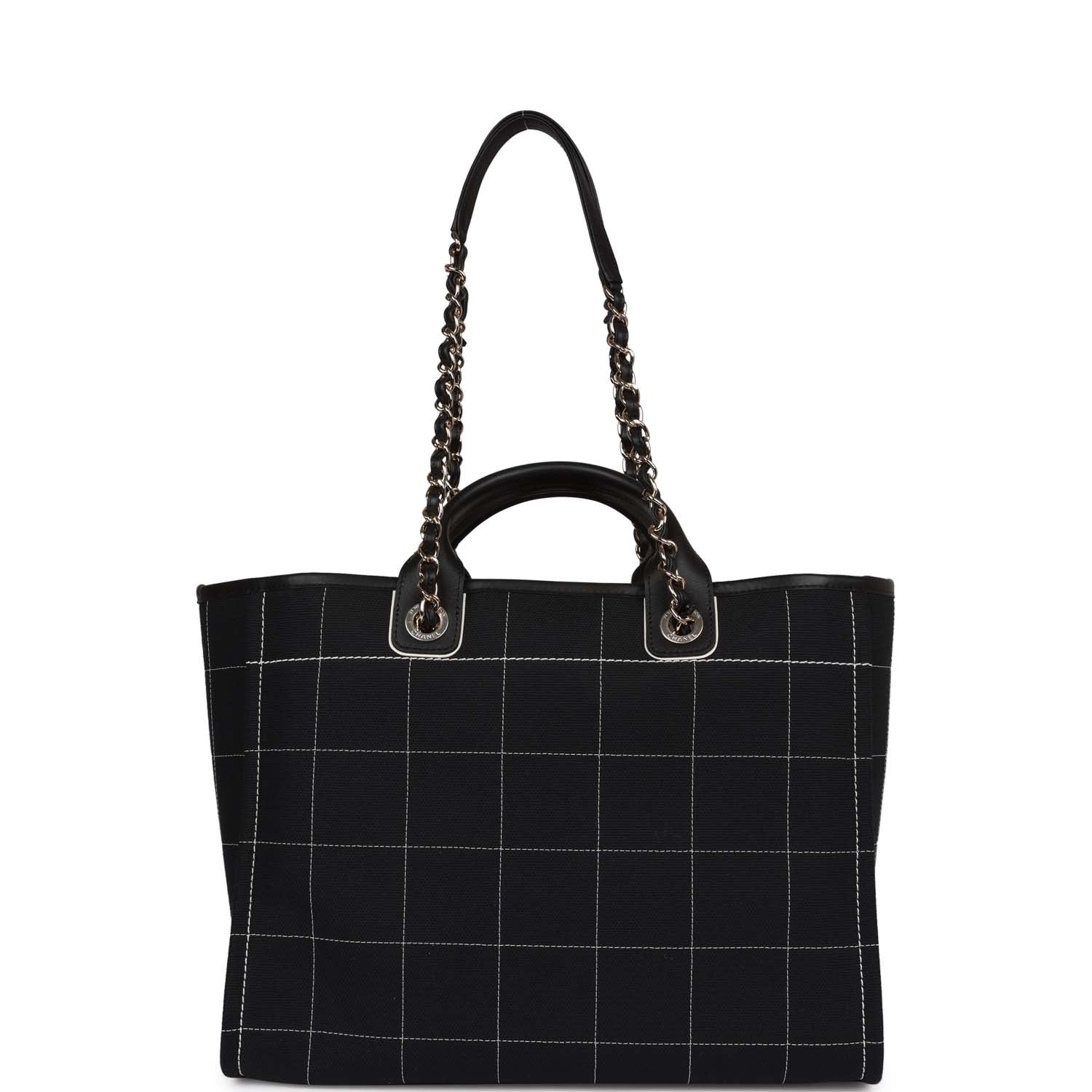 Chanel Large Deauville Shopping Tote Bag in Black & White Checkered Pattern with Light Gold Hardware - Perfect for Travel, Beach & Everyday Luxury Fashion Accessory