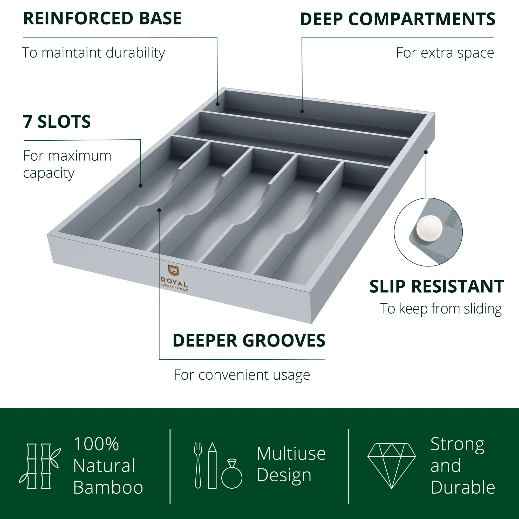 Premium Bamboo Kitchen Drawer Organizer - 7-Slot Silverware & Utensil Holder with Adjustable Dividers for Forks, Spoons, Knives | Gray Cutlery Tray for Kitchen Organization | Perfect for Home, Restaurant & Office Use