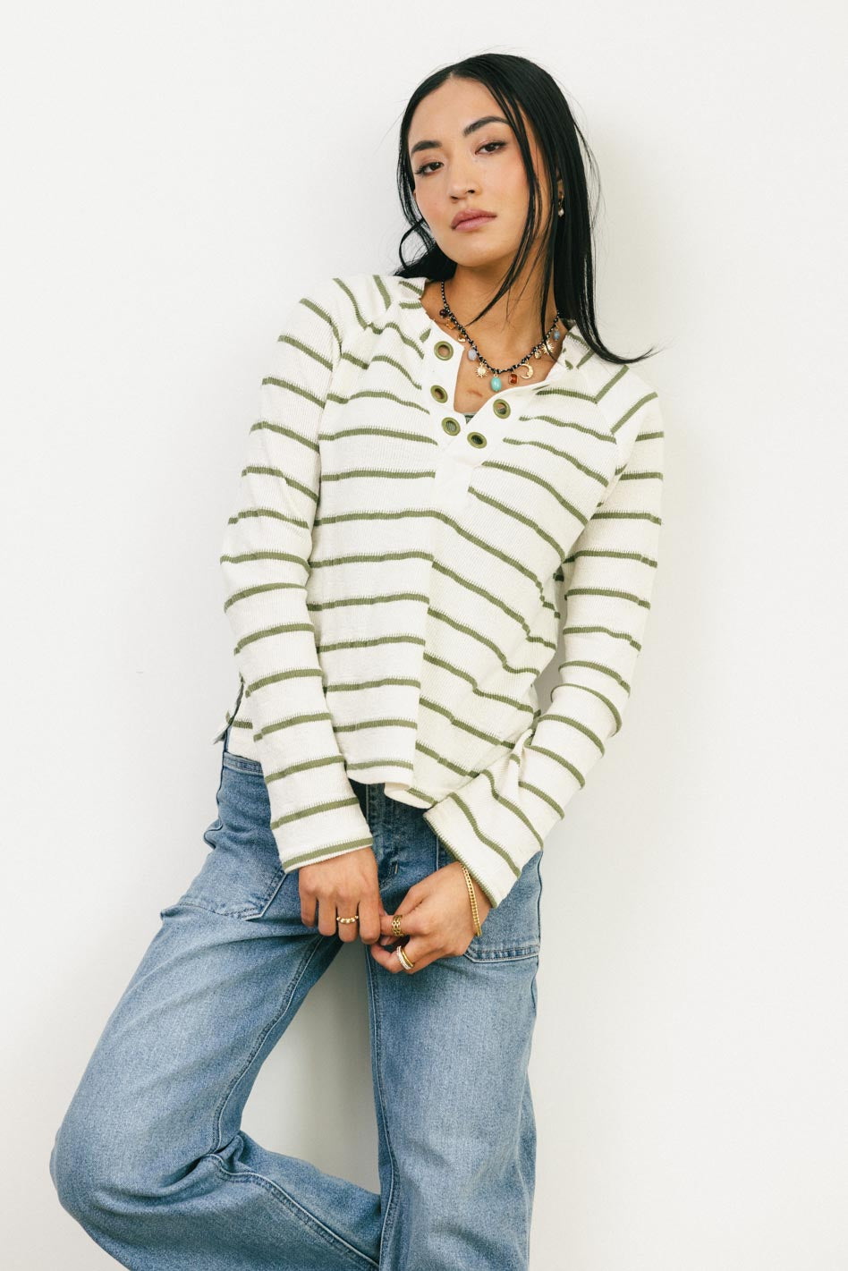 Franny Striped Grommet Top Women's Olive Green Casual Shirt - Perfect for Summer Outfits, Beach Wear and Boho Fashion Styles