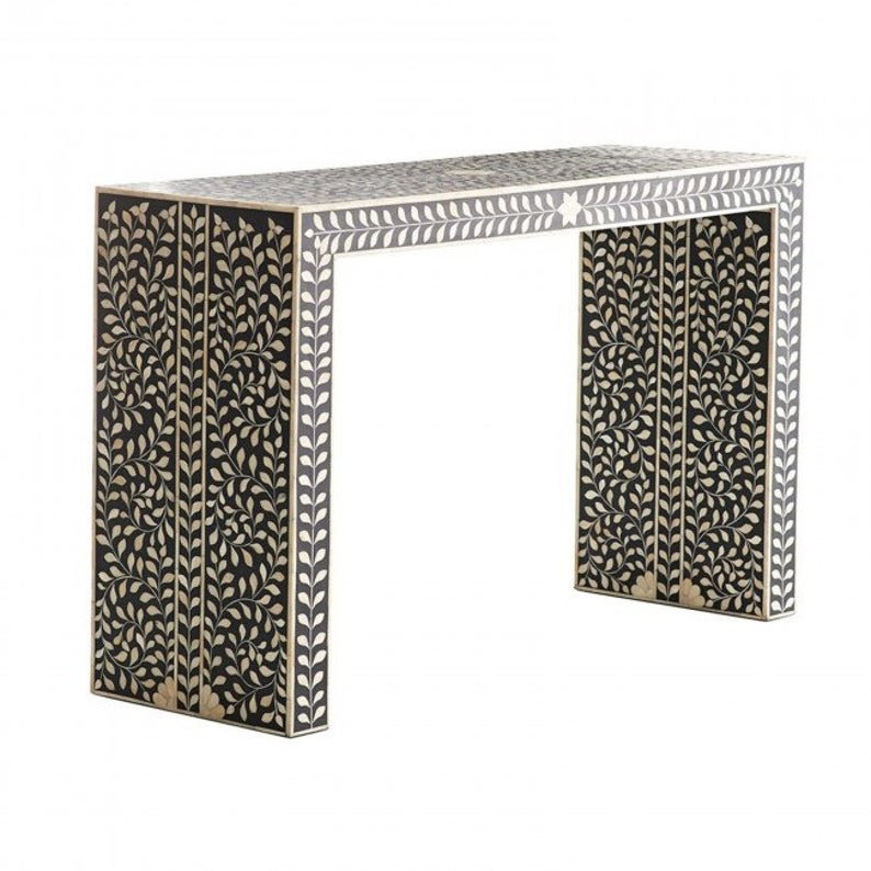 Handmade Black and White Bone Inlay Console Table - Elegant Entryway Furniture for Hallway, Foyer & Living Room Decor
