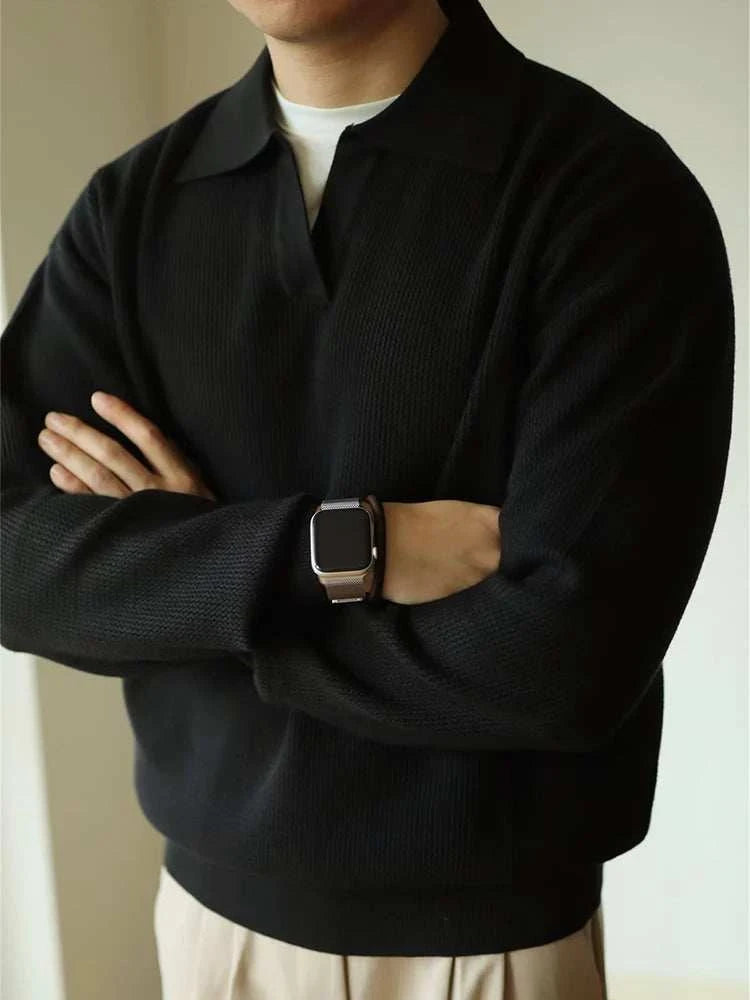Men's Classic Polo Turn Down Collar Sweater - Comfortable Knit Pullover for Casual Wear & Office Outfits