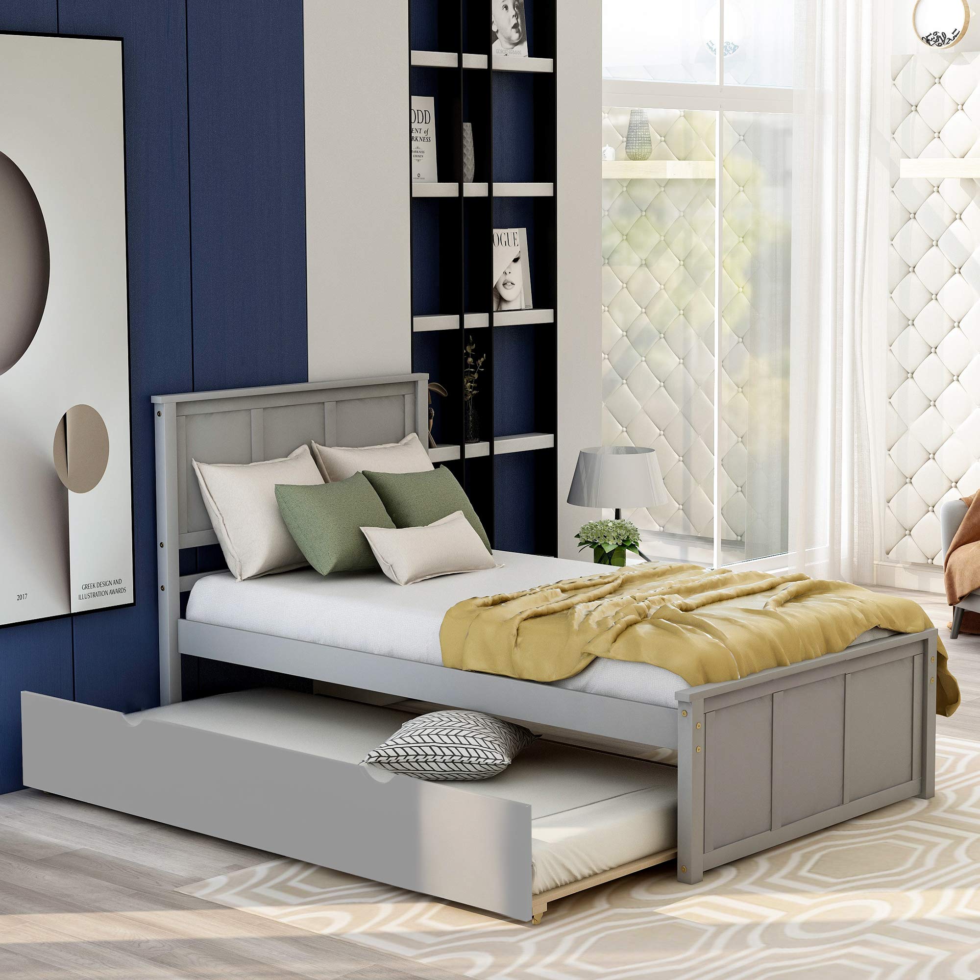 Twin Platform Bed with Trundle, Wood Slat Support - No Box Spring Needed (Gray) for Small Spaces & Guest Rooms