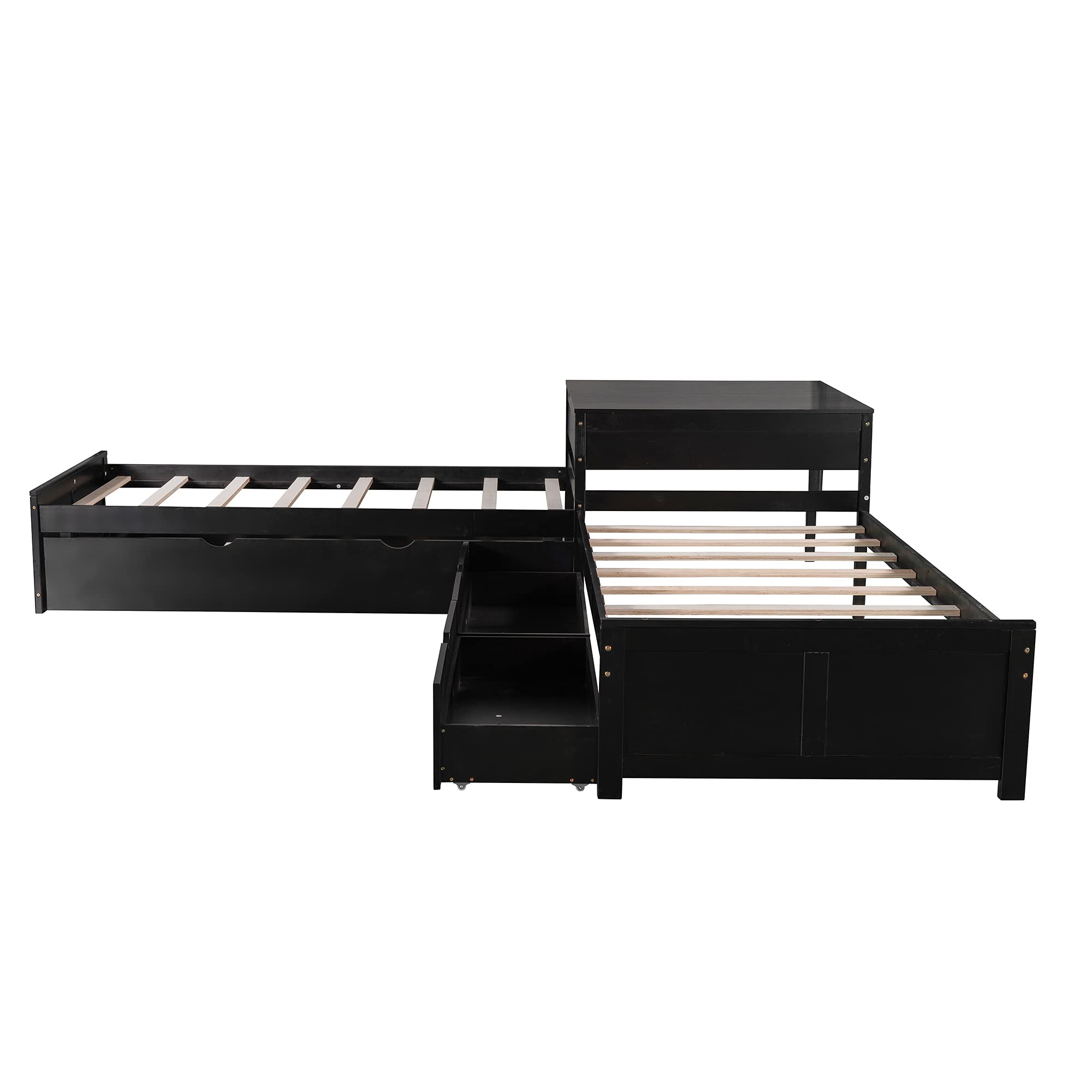 L-Shaped Twin Platform Bed with Trundle and Storage Drawers - Wooden Corner Bed Frame with Built-In Desk for 3 People in Espresso Finish - Perfect for Small Bedrooms, Kids Rooms, and Shared Spaces