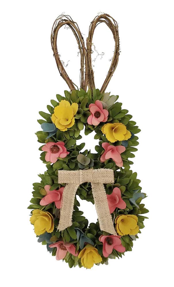 Easter Bunny Wreath with Twig, Wood Curl Flowers, Greens, and Burlap Bow - Handmade Spring Door Decor for Easter Celebrations and Home Decoration