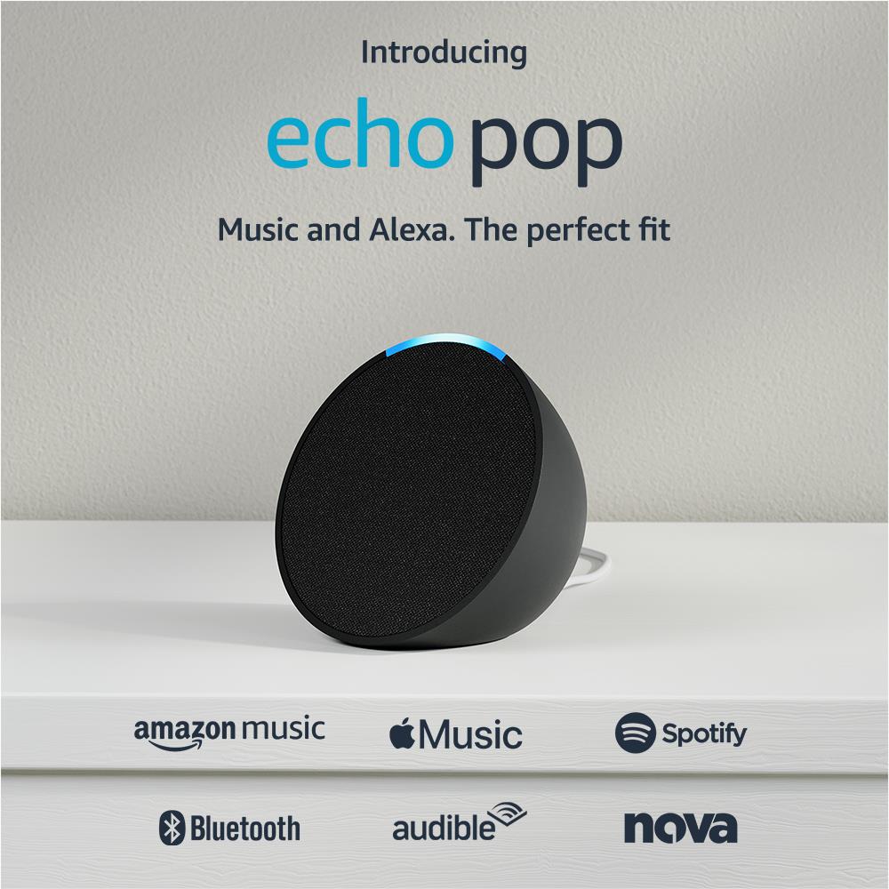 Amazon Echo Pop Compact Smart Speaker with Alexa (Charcoal) - Perfect for Bedroom, Kitchen & Small Spaces | Voice Control, Music Streaming & Smart Home Hub