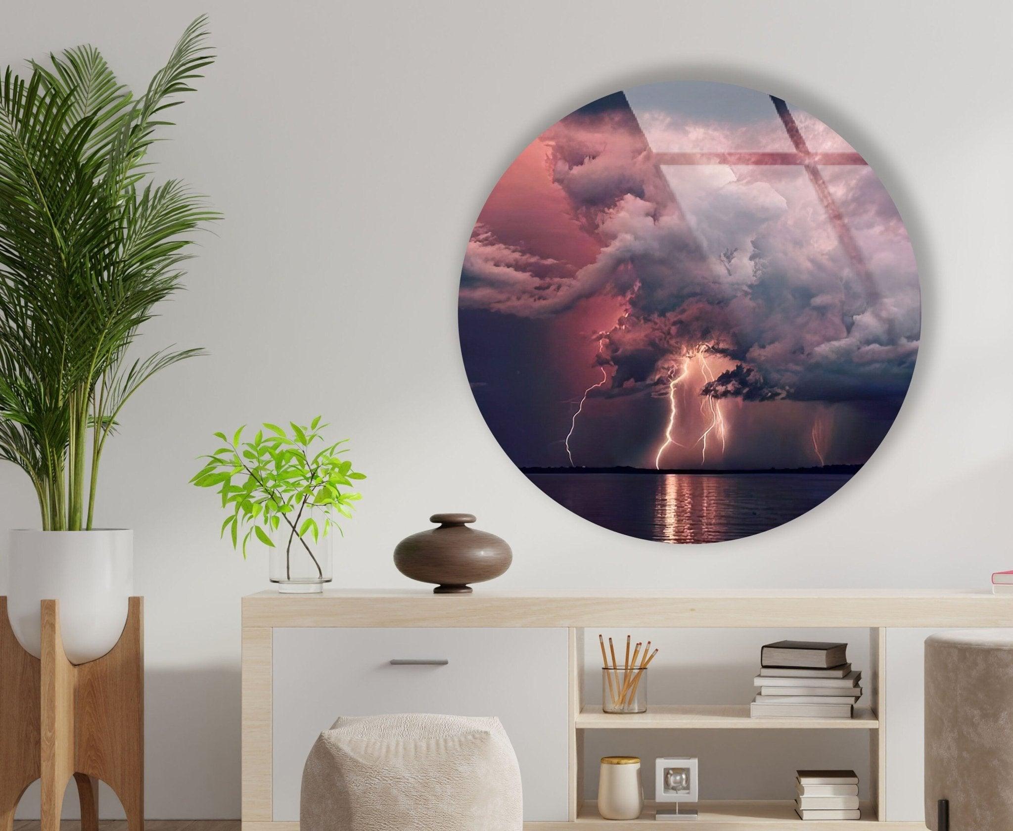 Abstract Round Lightning Glass Wall Art - Modern Home Decor for Living Room, Bedroom & Office - Shatterproof & UV Resistant - Perfect for Gifts & Interior Design