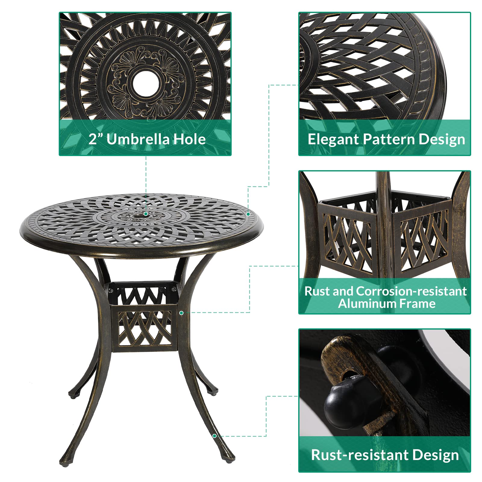VIVIJASON 3-Piece Outdoor Dining Set - All-Weather Cast Aluminum Patio Bistro Set with 2 Chairs, 2 Navy Blue Cushions & 31