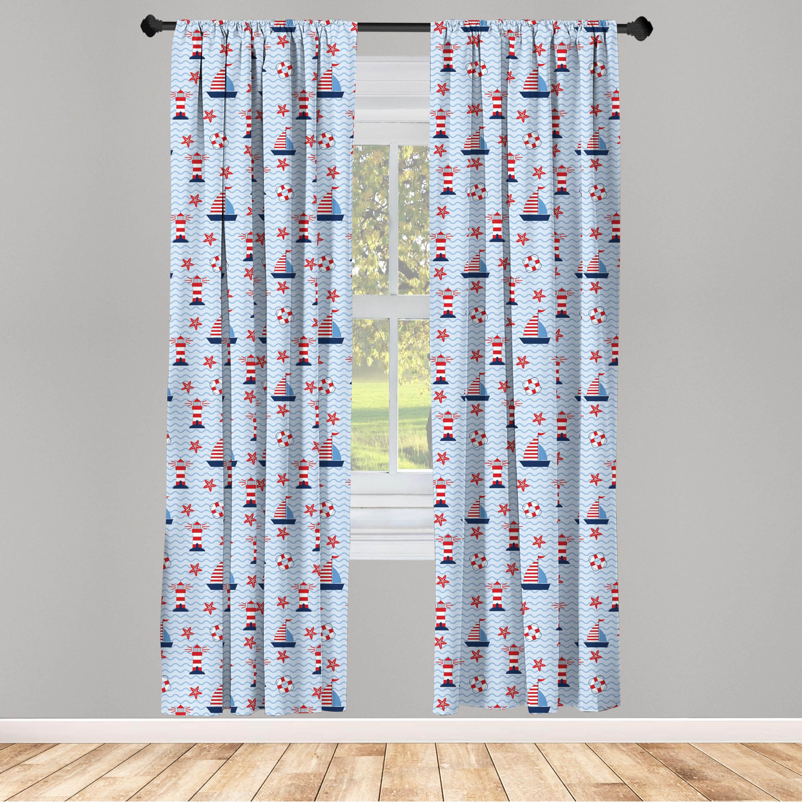 Ambesonne Lighthouse Curtains - Coastal Nautical Design with Sea Waves, Boats & Starfish - 2 Panel Window Treatments Set (28