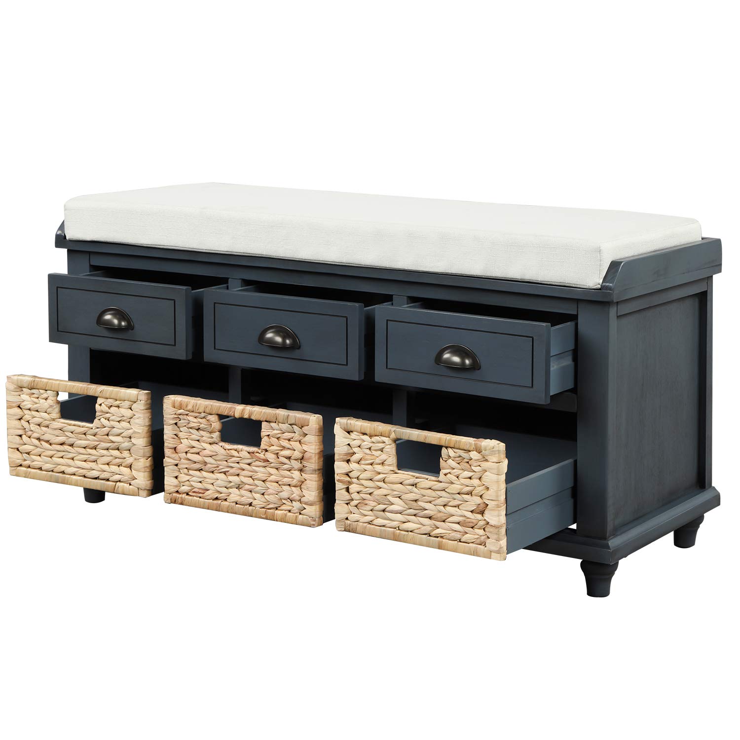 Rustic Entryway Storage Bench with Drawers & Baskets - for Shoes & Living Room Storage