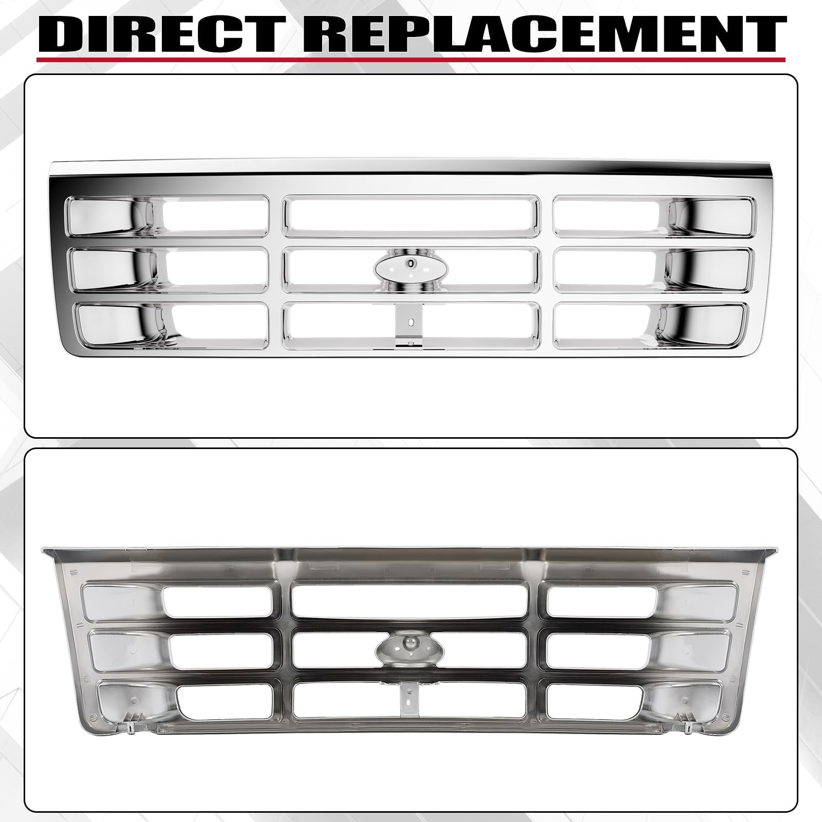 HECASA Chrome Front Grille Replacement for 1992-1997 Ford Bronco F-150 F-250 F-350 | Heavy Duty Bumper Grille Compatible with FO1200442 E4TZ8200 | Perfect for Off-Roading & Truck Restoration Projects