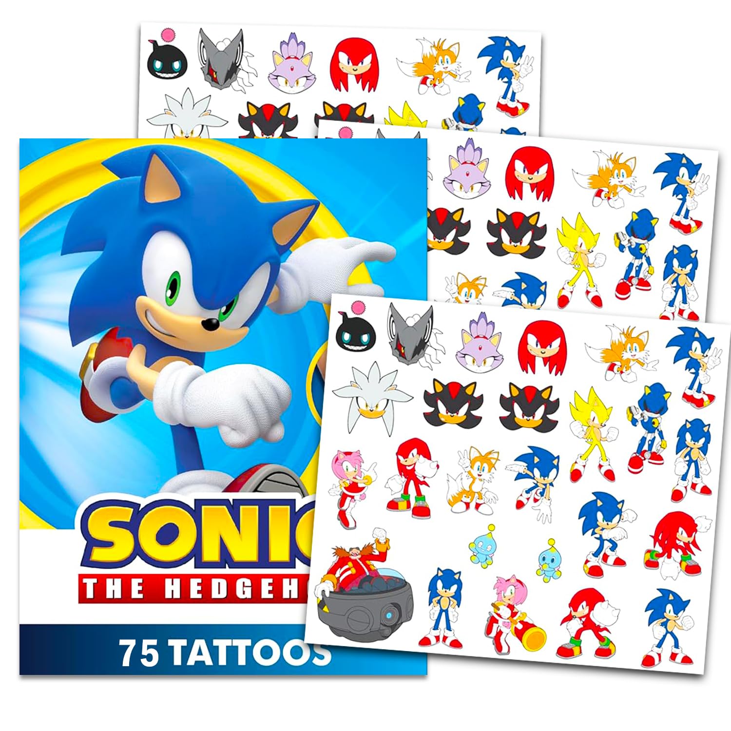 Sonic the Hedgehog Temporary Tattoos for Kids & Adults - 75pcs Waterproof Fake Tattoos for Birthday Parties, Goodie Bags, Halloween Costumes & Cosplay (Sonic Party Supplies & Favors)