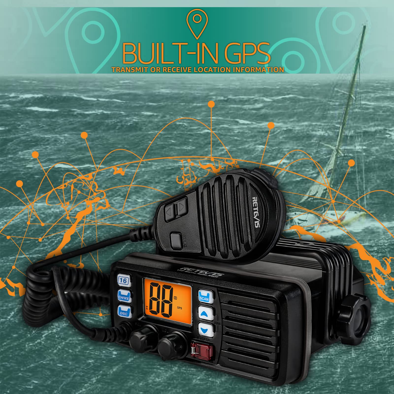 Retevis RM20 25W VHF Marine Radio Transceiver with GPS, IP67 Waterproof, Triple Watch & Loudspeaker - Fixed Marine Communication for Boats, Ships, and Watercraft (1 Pack) - Perfect for Offshore Navigation, Emergency Situations, and Marine Adventures
