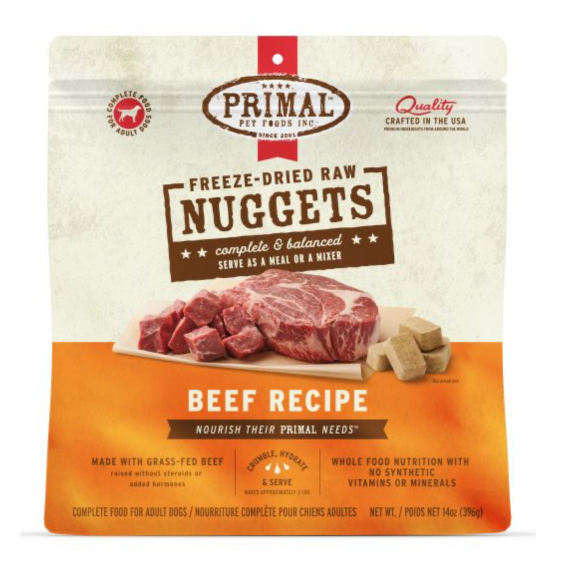 Primal Freeze Dried Beef Formula GF Dog Food Nuggets - High Protein Grain Free Kibble for Small & Large Dogs - Perfect for Training, Travel & Outdoor Adventures