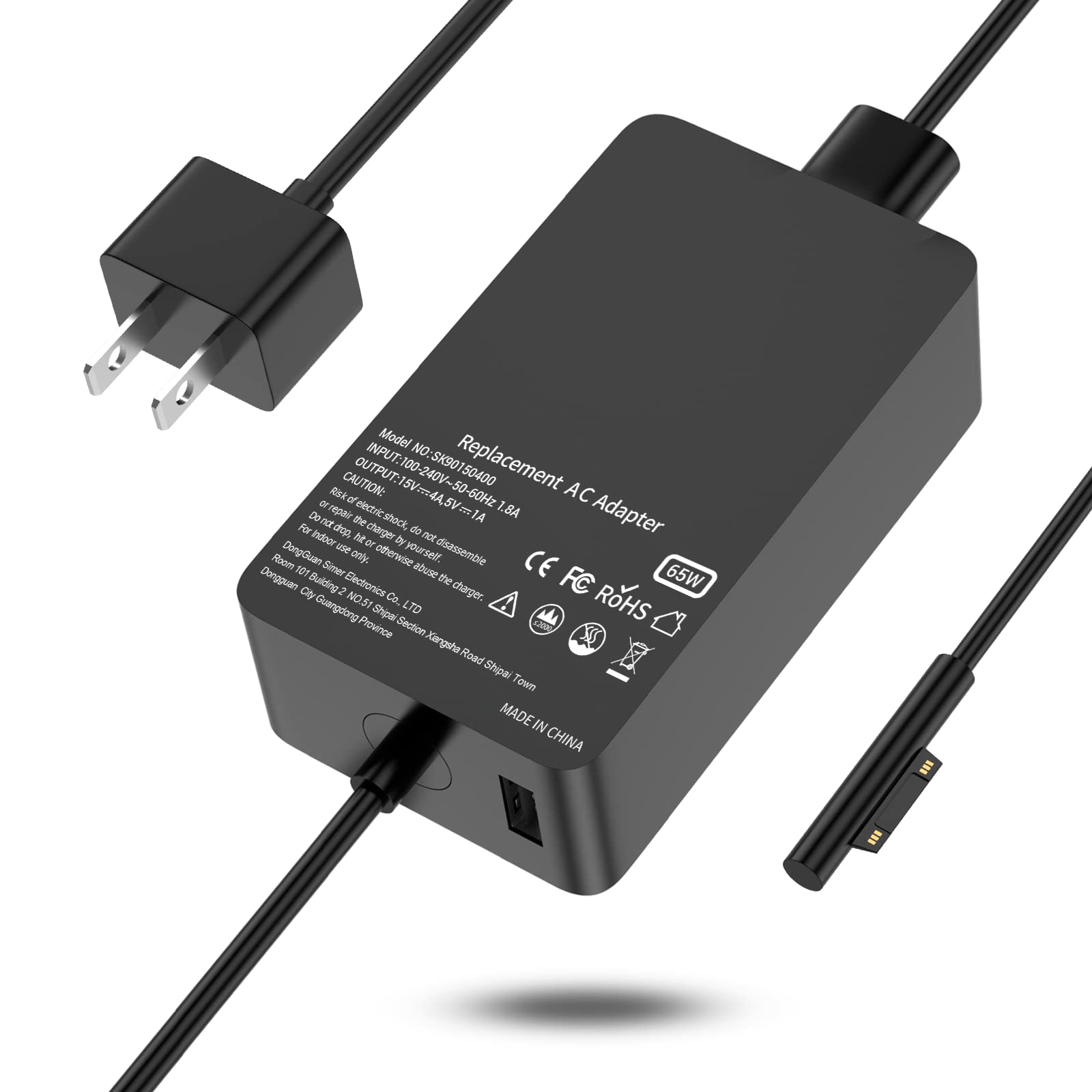 65W Surface Pro Charger - Compatible with Microsoft Surface Pro 9/8/7/6/5/4/X & Surface Laptop 1/2/3/4 - Fast Charging Power Adapter with 5V 1A USB Port & LED Indicator (44W/36W Modes) - Perfect for Home, Office & Travel Use