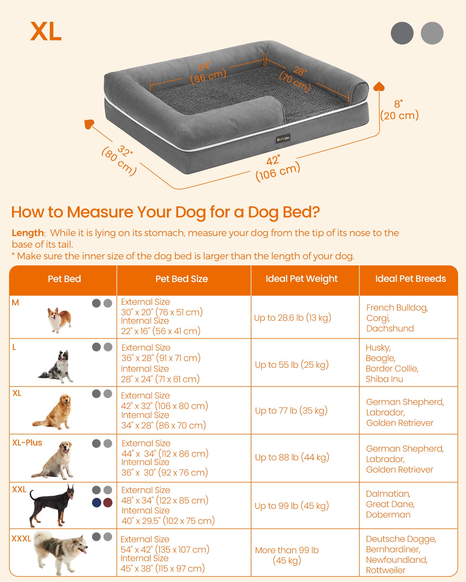 Feandrea Orthopedic Dog Bed Large - Waterproof Washable Cover for Pets
