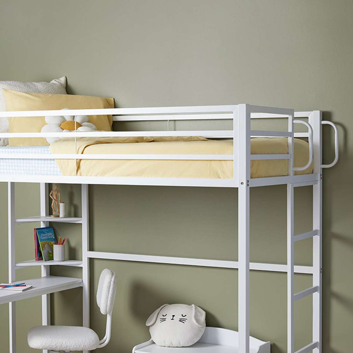 Lacie Metal Loft Bed with Desk - Space Saving Twin/Full Size Study Bed for Small Rooms, Dorm & Apartment - Sturdy Steel Frame with Built-in Workstation for Teens & Adults