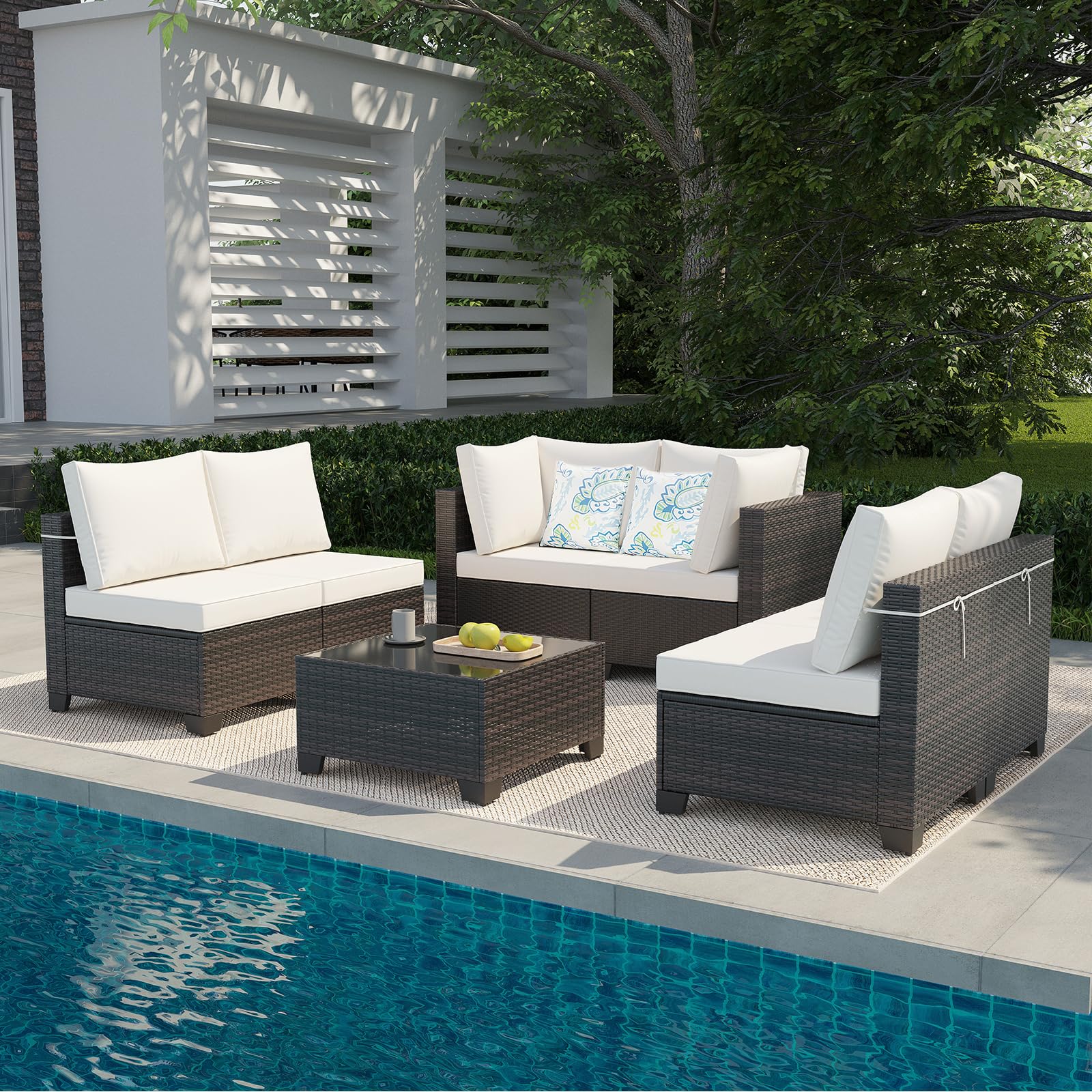 7-Piece Outdoor Wicker Sectional Sofa Set with Cushions - Patio Conversation Furniture for Garden, Backyard & Poolside - Brown/Beige Rattan Sofa for Relaxing & Entertaining
