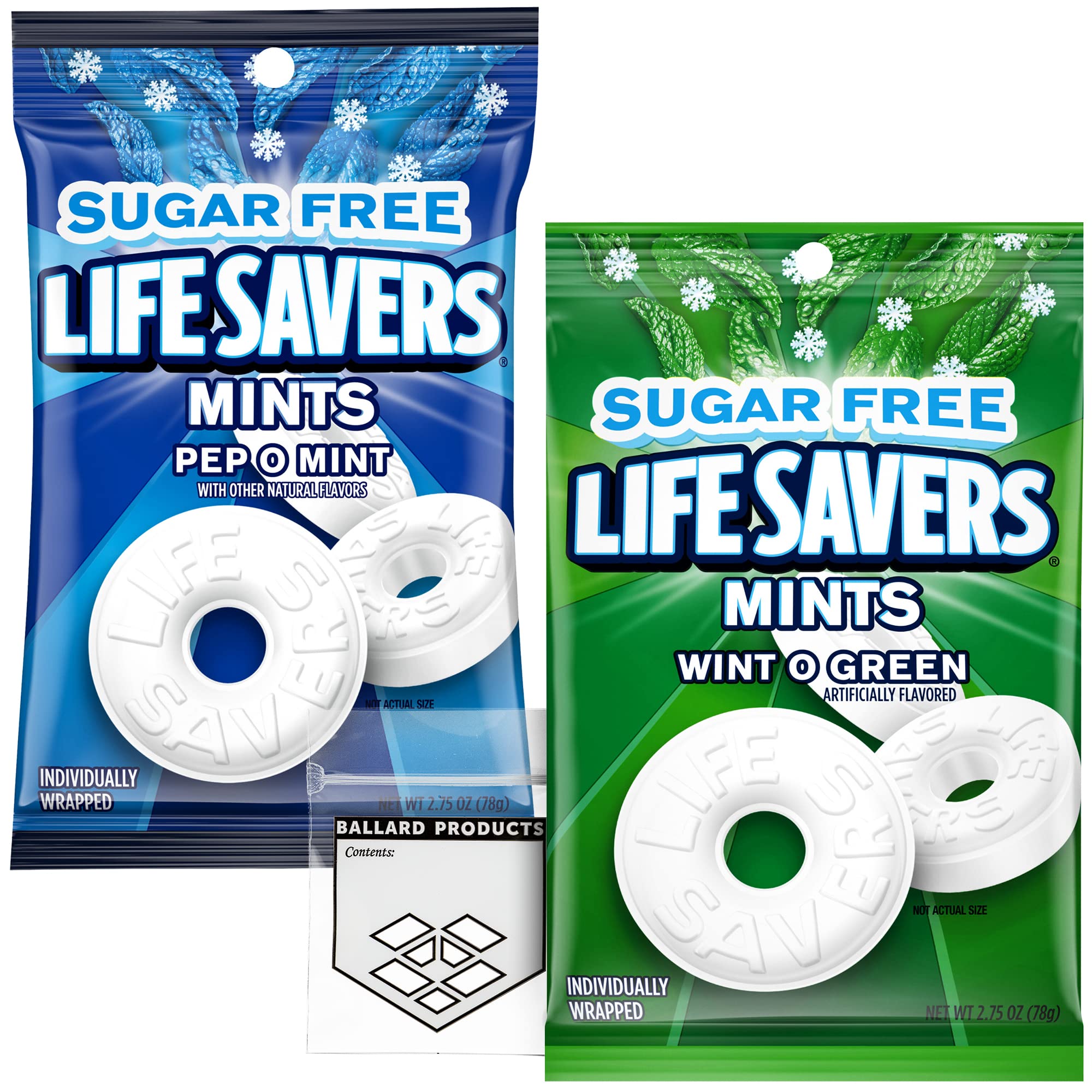 Sugar Free Lifesavers Mints Variety Pack - 2 Flavors (Wint O Green & Pep O Mint) - Refreshing Breath Mints for Work, Travel & After Meals - Ballard Products Pocket Bag (2 Pack)