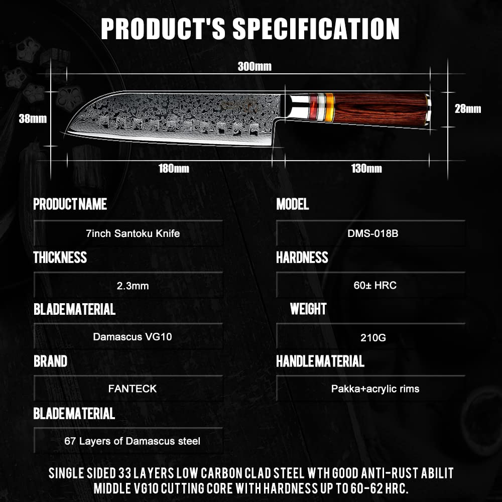 FANTECK 7 Inch Damascus Santoku Knife - Ultra Sharp Japanese VG10 67 Layer Stainless Steel Chef Knife - High Carbon Kitchen Knife for Meat, Fruit & Vegetable Cutting - Pakkawood Handle with Gift Box & Sheath - Perfect for Home Chefs & Cooking Enthusiasts