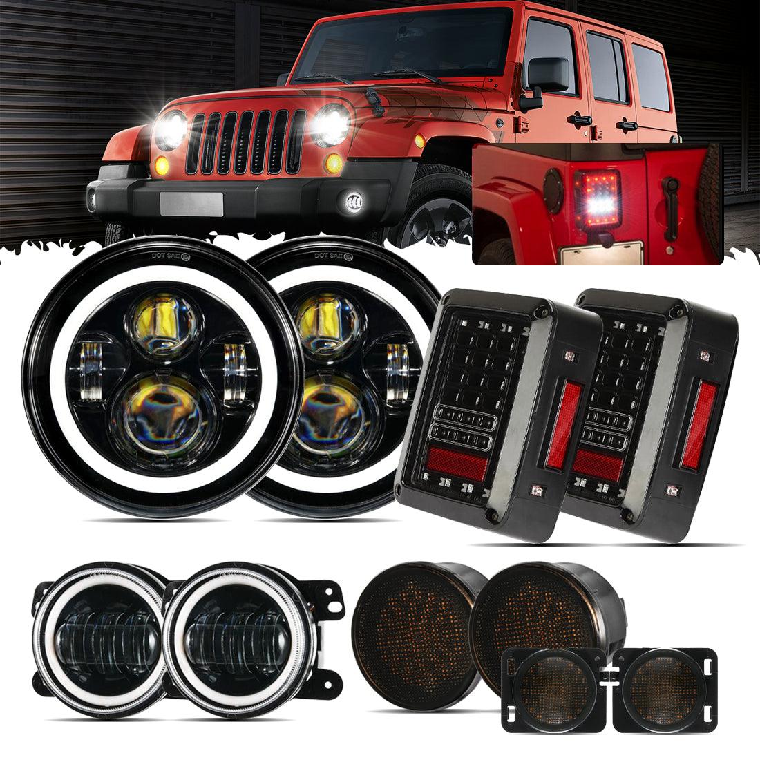 7'' LED Headlight with Halo Ring + 4'' LED Fog Light + LED Smoke Tail Light + Front Turn Signal & Side Marker Light Kit for Jeep Wrangler JK - Off-Road Adventure & Night Driving Upgrade