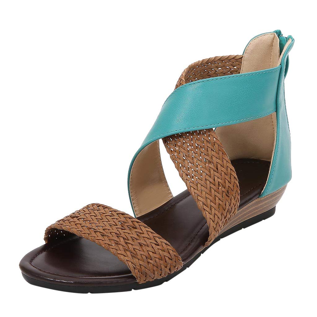Ulanda Women's Weave Wedge Heel Sandals with Zipper - Comfortable Casual Beach Roman Shoes for Summer Outfits, Walking & Vacation | Fashionable Slip-On Wedge Sandals for Women