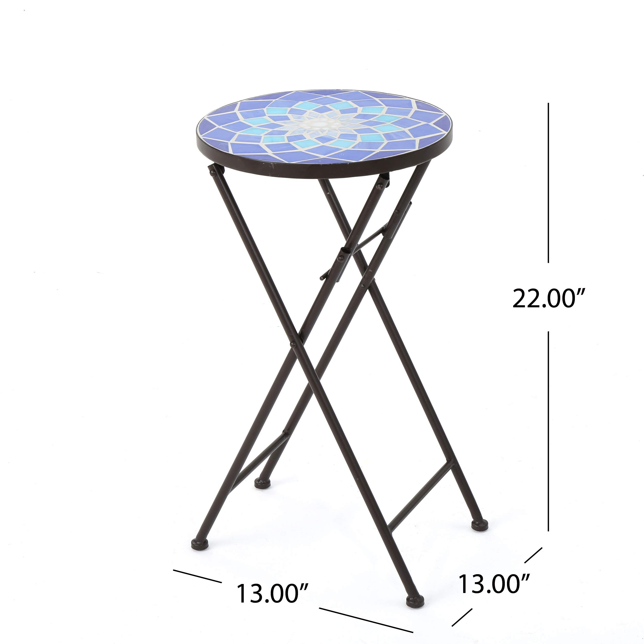 Christopher Knight Home Azure Outdoor Glass Side Table with Iron Frame - Blue & White - Perfect for Patio, Poolside, or Garden Decor