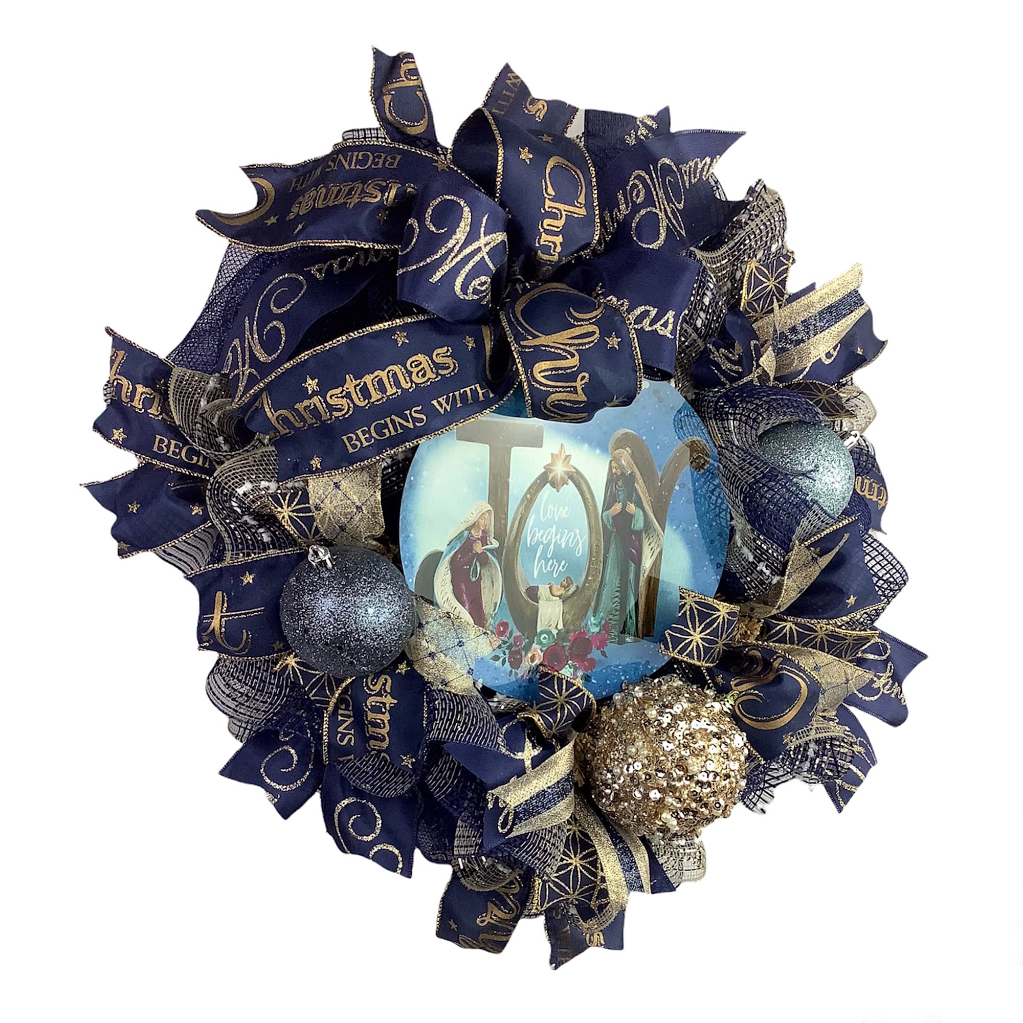 Nativity Christmas Wreath with Baby Jesus in Manger - Elegant Navy Blue & Gold Ball Ornaments and Bow - Perfect for Holiday Door Decor, Fireplace Mantel, and Christmas Tree Topper