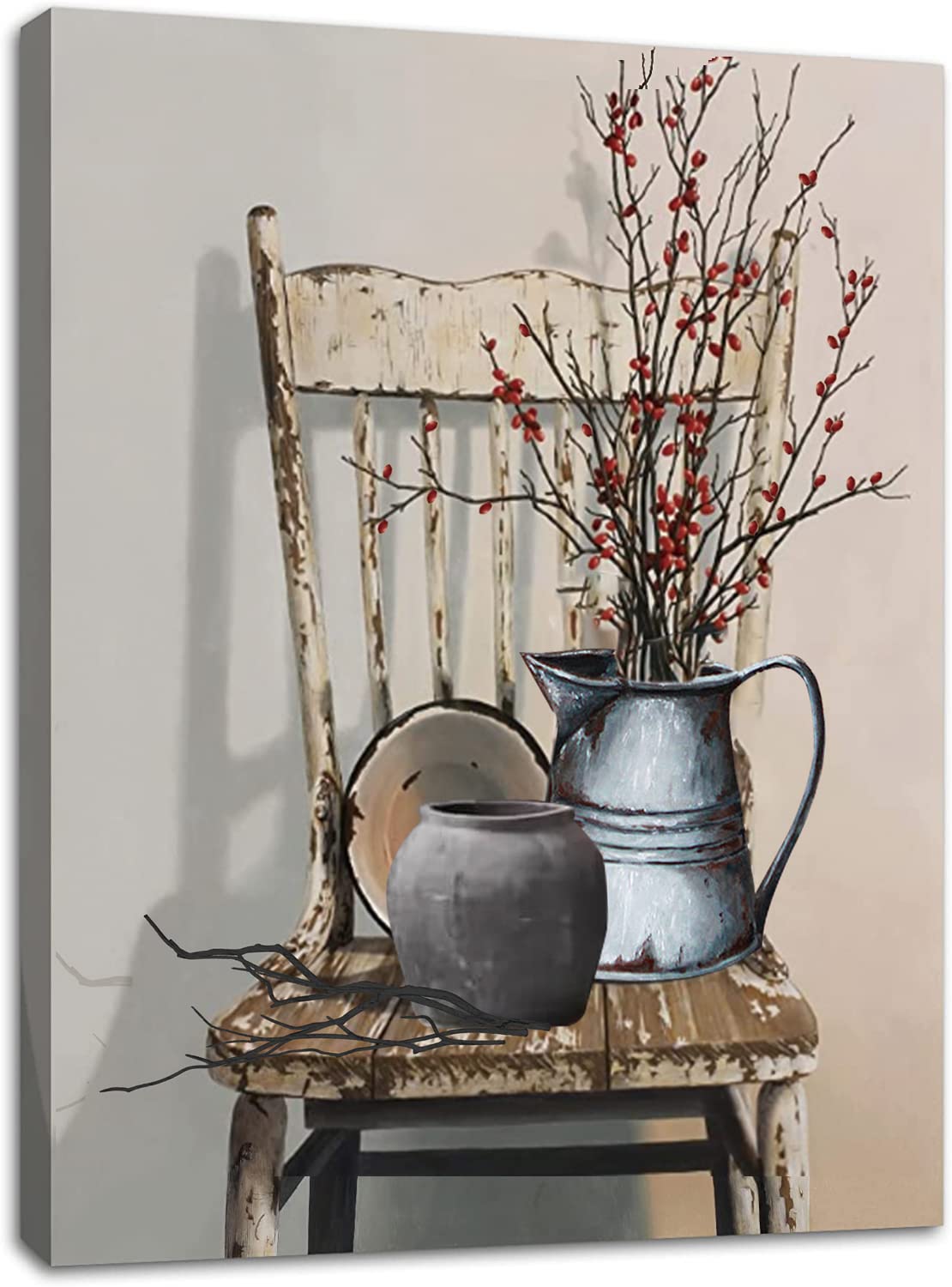 Vintage Farmhouse Canvas Wall Art - Rustic Flower Painting 12x16in for Kitchen & Bedroom Decor