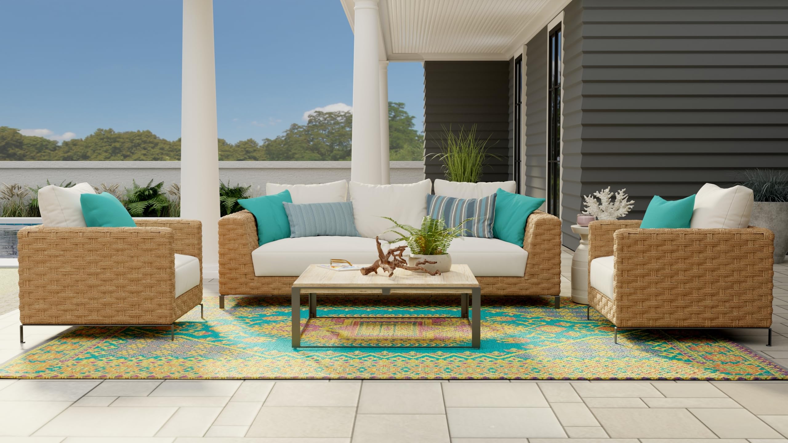 Mad Mats Traditional Reversible Outdoor Rug 5' x 8' - Durable Plastic Mat for Patio, Porch, Poolside, Deck & RV | Waterproof & Easy-Clean | Oriental Turkish Design in Aqua Blue | Perfect for Camping, Mudroom & Outdoor Entertaining