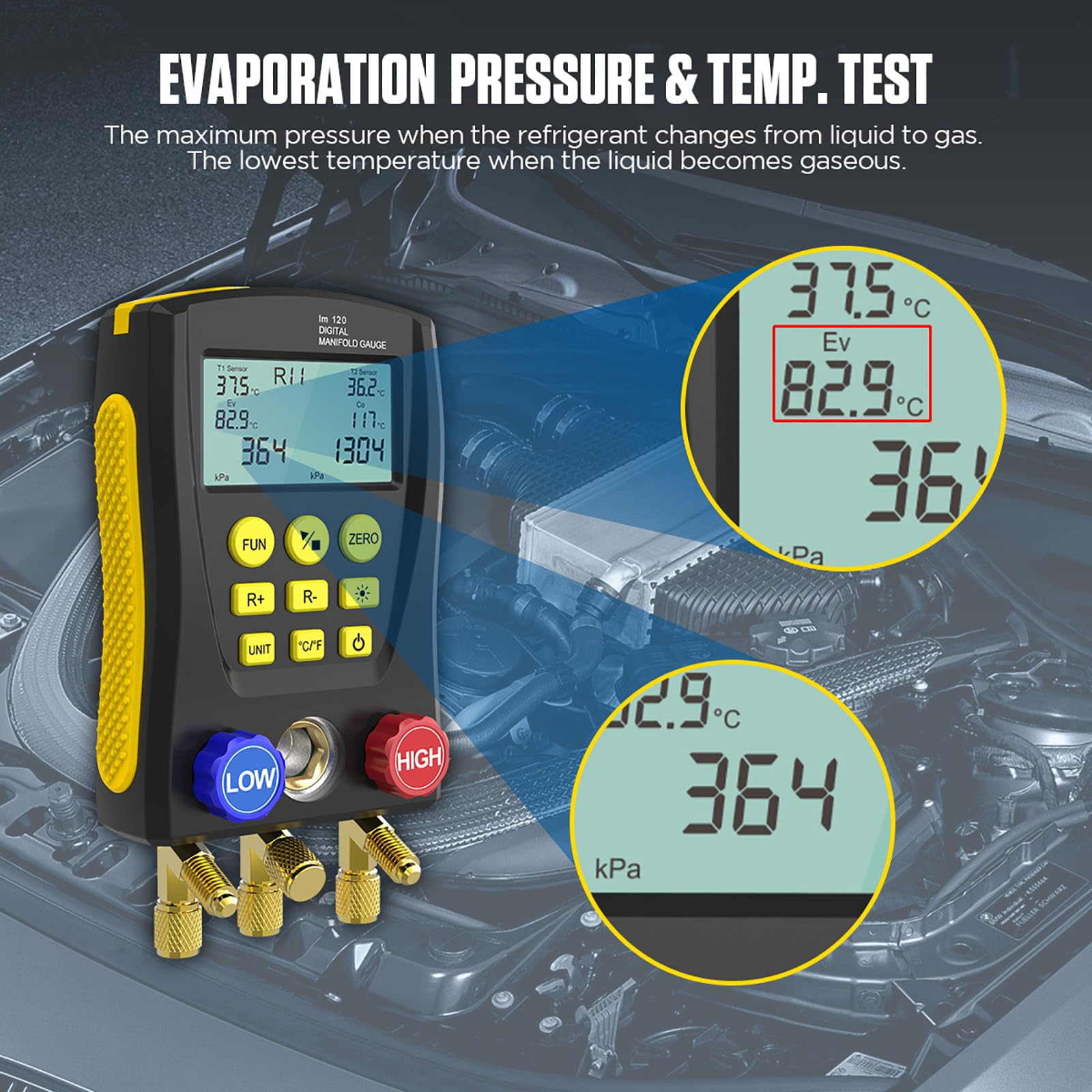 QPKING Digital Manifold Gauge Set - HVAC Refrigeration Pressure Temperature Tester with 3 Hoses & Built-in 89 Database - Professional LM120 Leak Detection Kit for AC Repair, Refrigerant Charging and HVAC System Maintenance