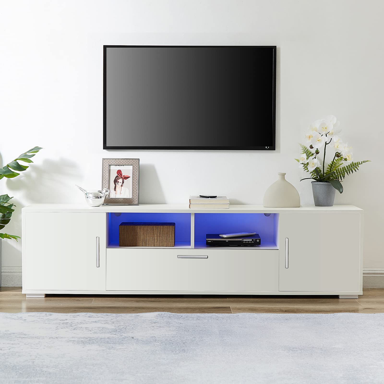65 Inch LED TV Stand with Storage - High Gloss White Entertainment Center & TV Console Table for Living Room & Bedroom - Perfect for Home Theater Setup & Media Organization