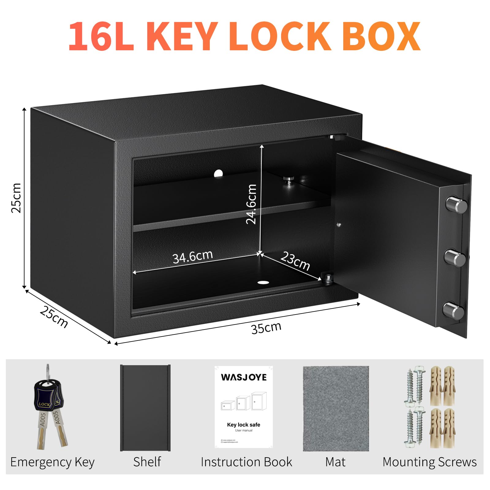 WASJOYE 1.0 Cubic Feet Steel Home Security Safe Box with Key Lock - High Protection for Money, Jewelry, Passports & Valuables | Ideal for Bedroom, Office & Hotel Use