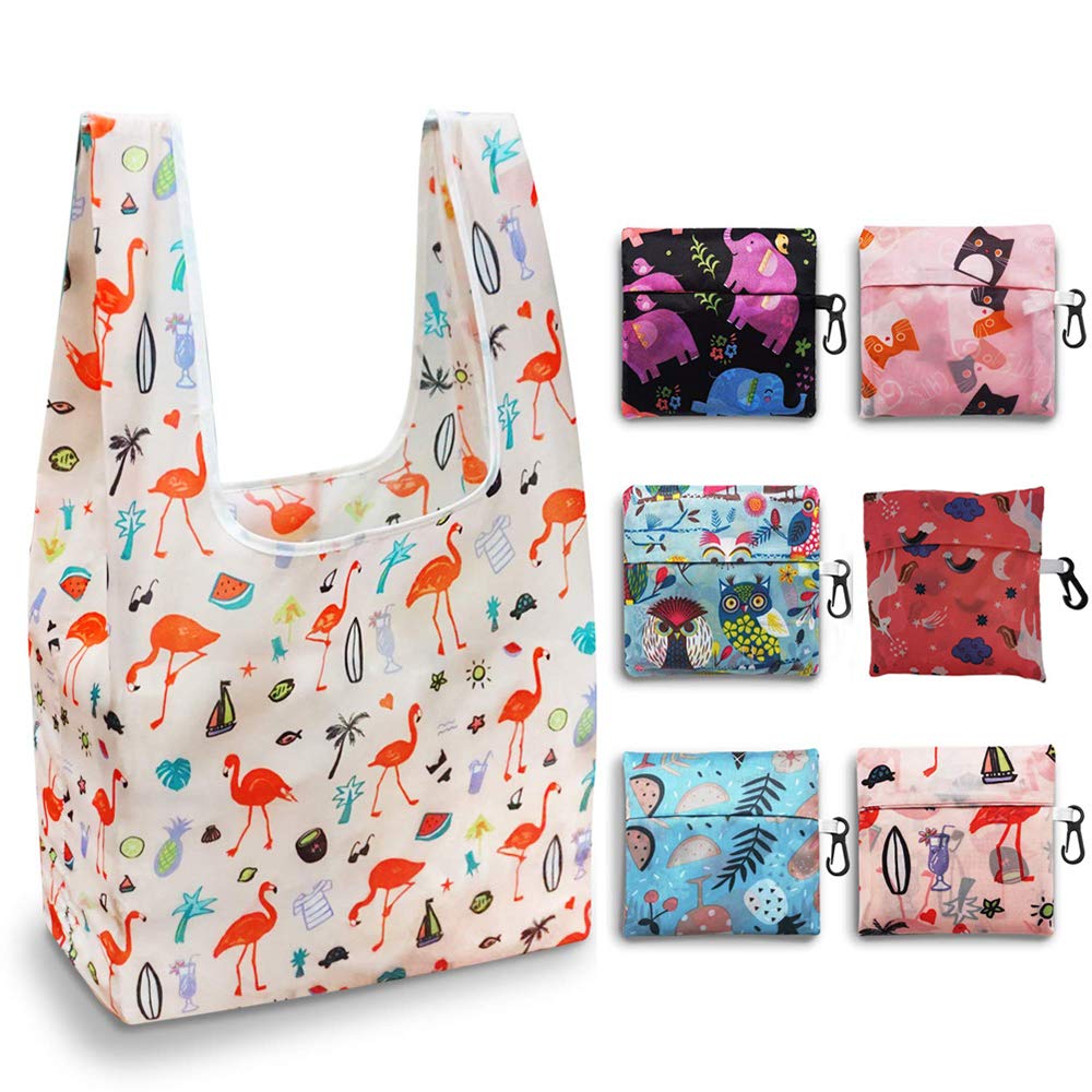 6 Pack Reusable Grocery Bags - Durable & Lightweight Foldable Shopping Totes - Washable Polyester Eco-Friendly Bags for Groceries, Farmers Market & Travel