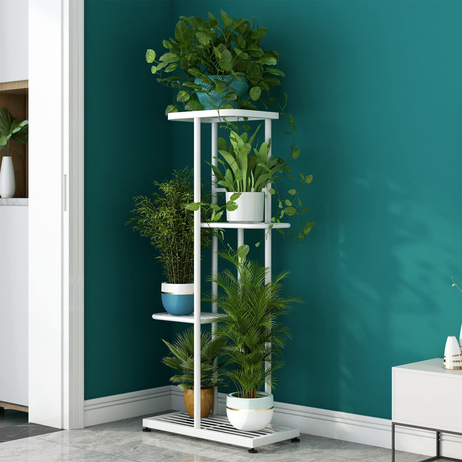 4-Tier Metal Plant Stand Indoor Outdoor - 5 Potted Flower Holder Shelf for Garden, Patio, Balcony & Living Room - White Planter Display Shelving Unit for Home Decor & Plant Lovers